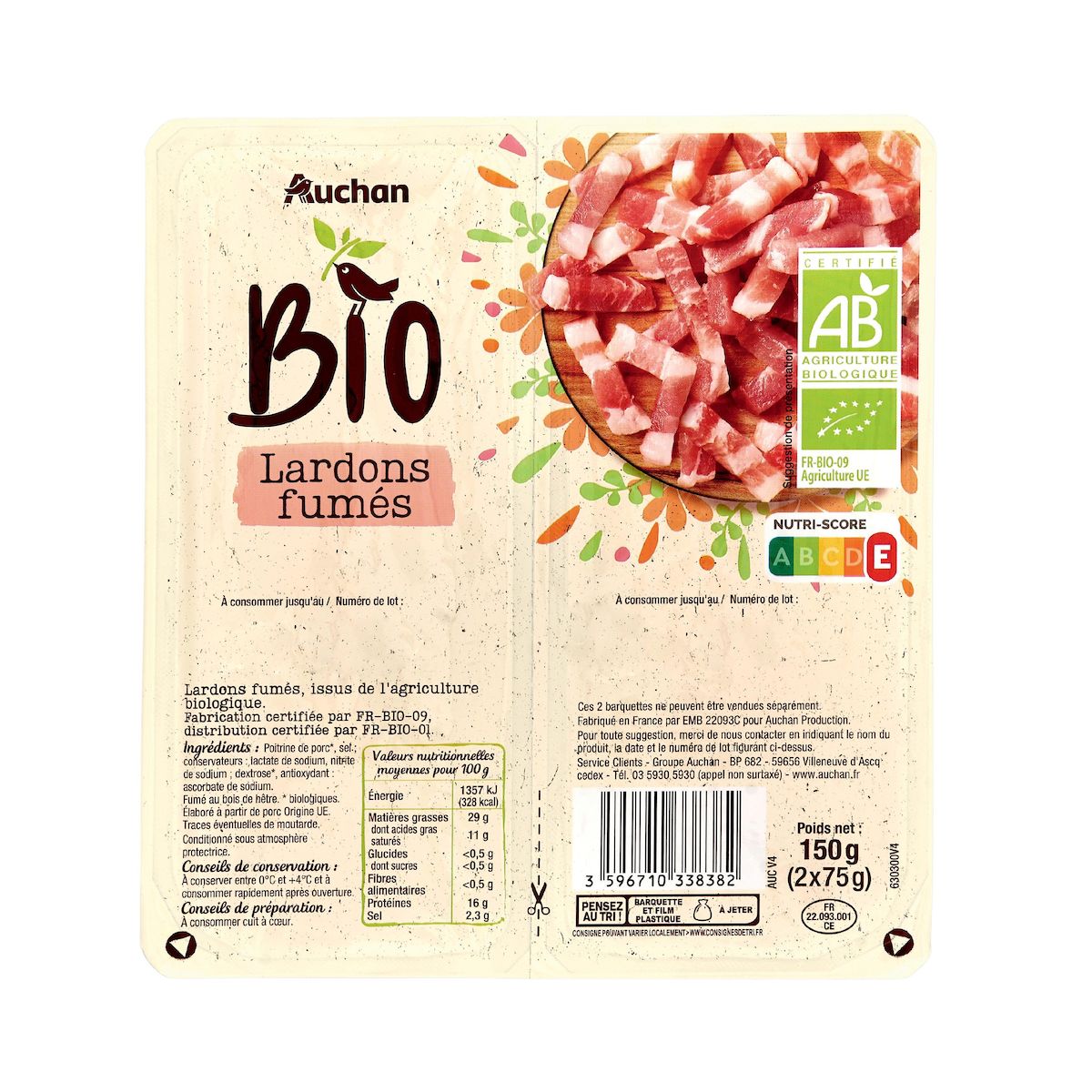AUCHAN BIO Lardons fumés 2x75g