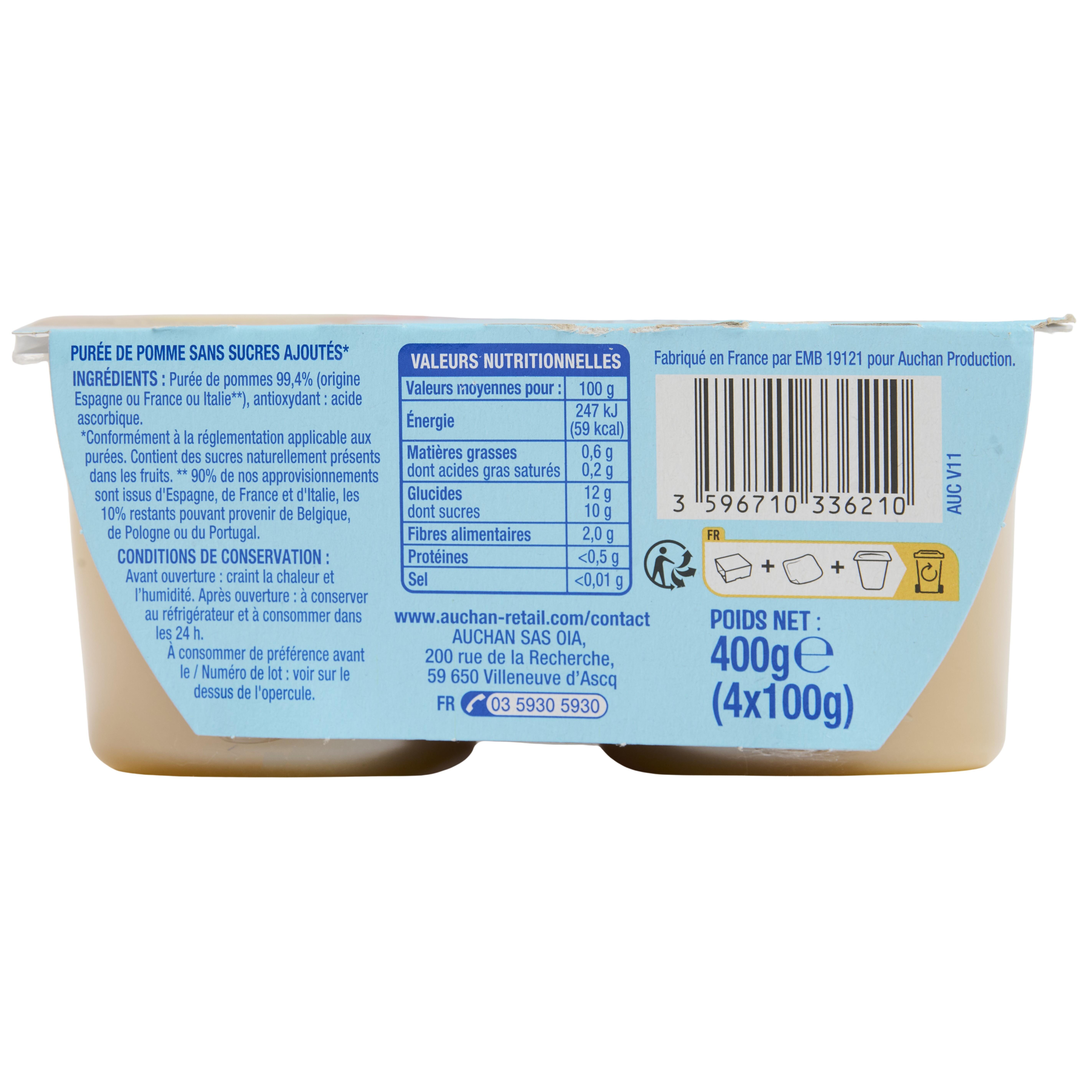 Voir la diapositive 5 : AUCHAN Coupelles purée de pomme nature sans sucres ajoutés 4x100g