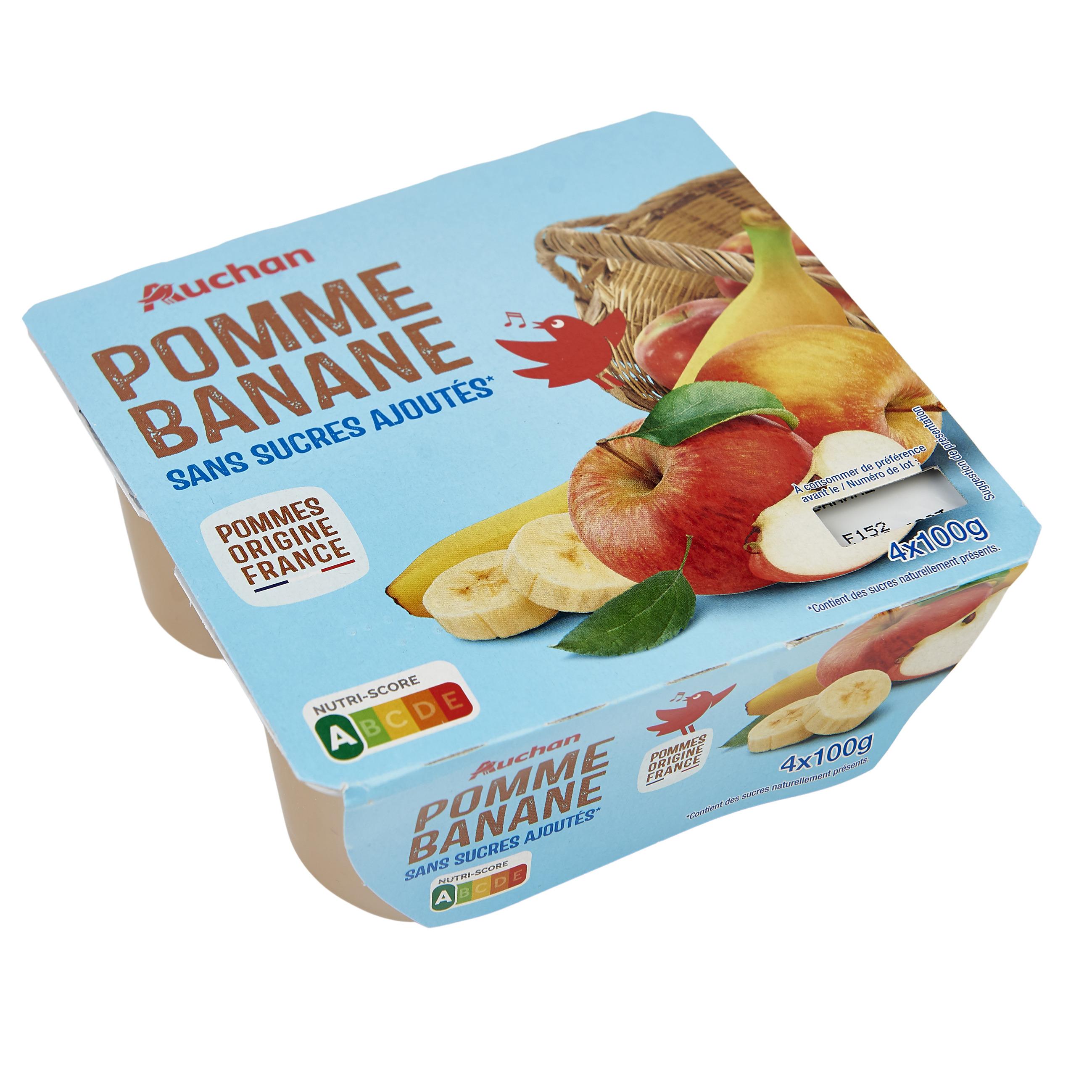 Voir la diapositive 2 : AUCHAN Coupelles purée de pomme banane sans sucres ajoutés 4x100g