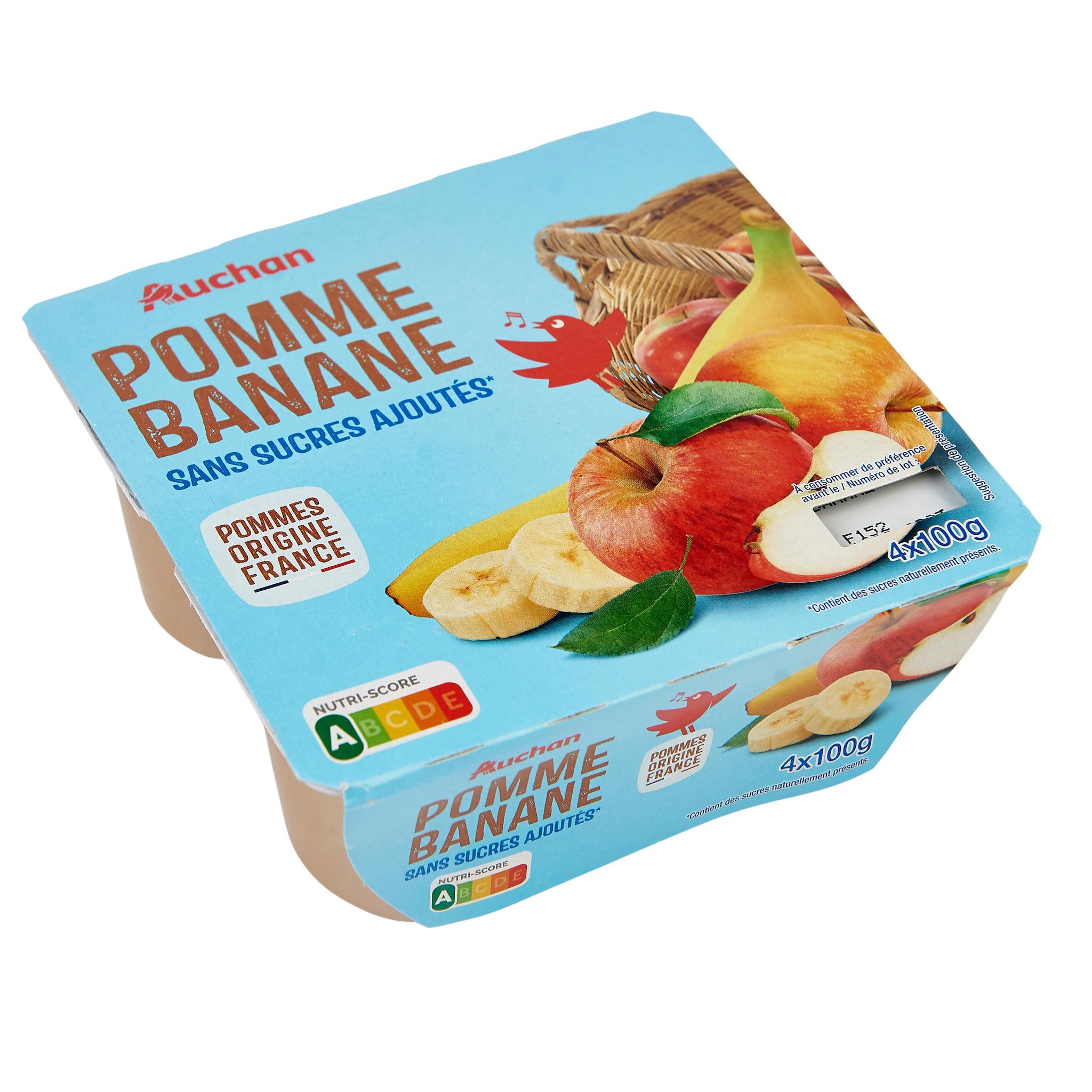 Voir la diapositive 3 : AUCHAN Coupelles purée de pomme banane sans sucres ajoutés 4x100g
