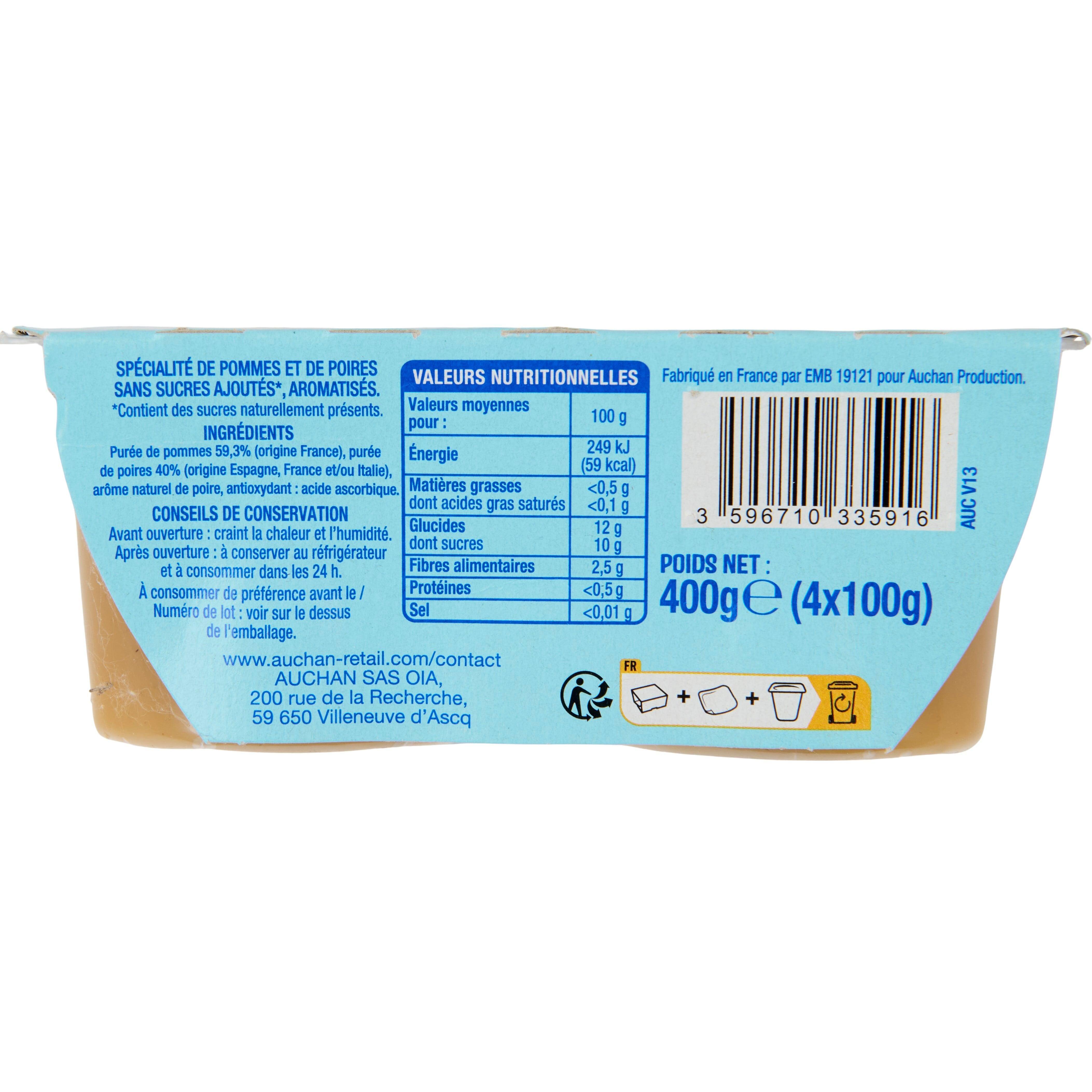 Voir la diapositive 2 : AUCHAN Coupelles purée de pomme poire sans sucres ajoutés 4x100g