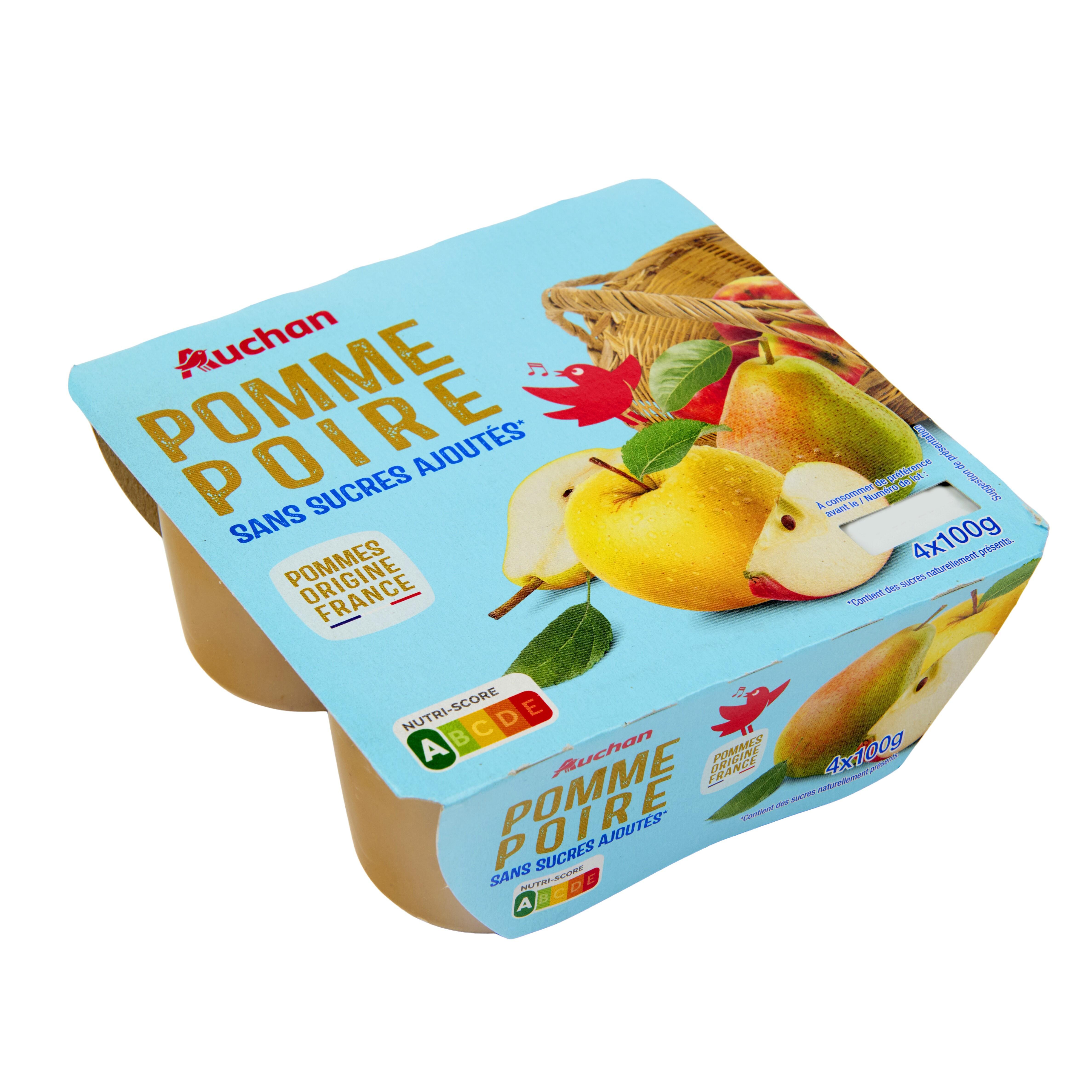 Voir la diapositive 3 : AUCHAN Coupelles purée de pomme poire sans sucres ajoutés 4x100g