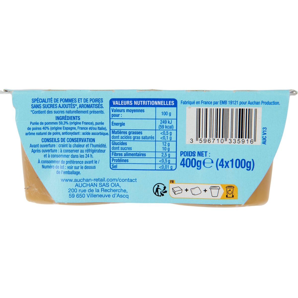 AUCHAN Coupelles purée de pomme poire sans sucres ajoutés 4x100g
