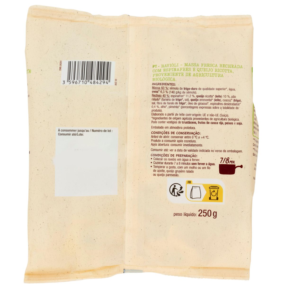 AUCHAN BIO Ravioli ricotta et épinards 2 parts 250g