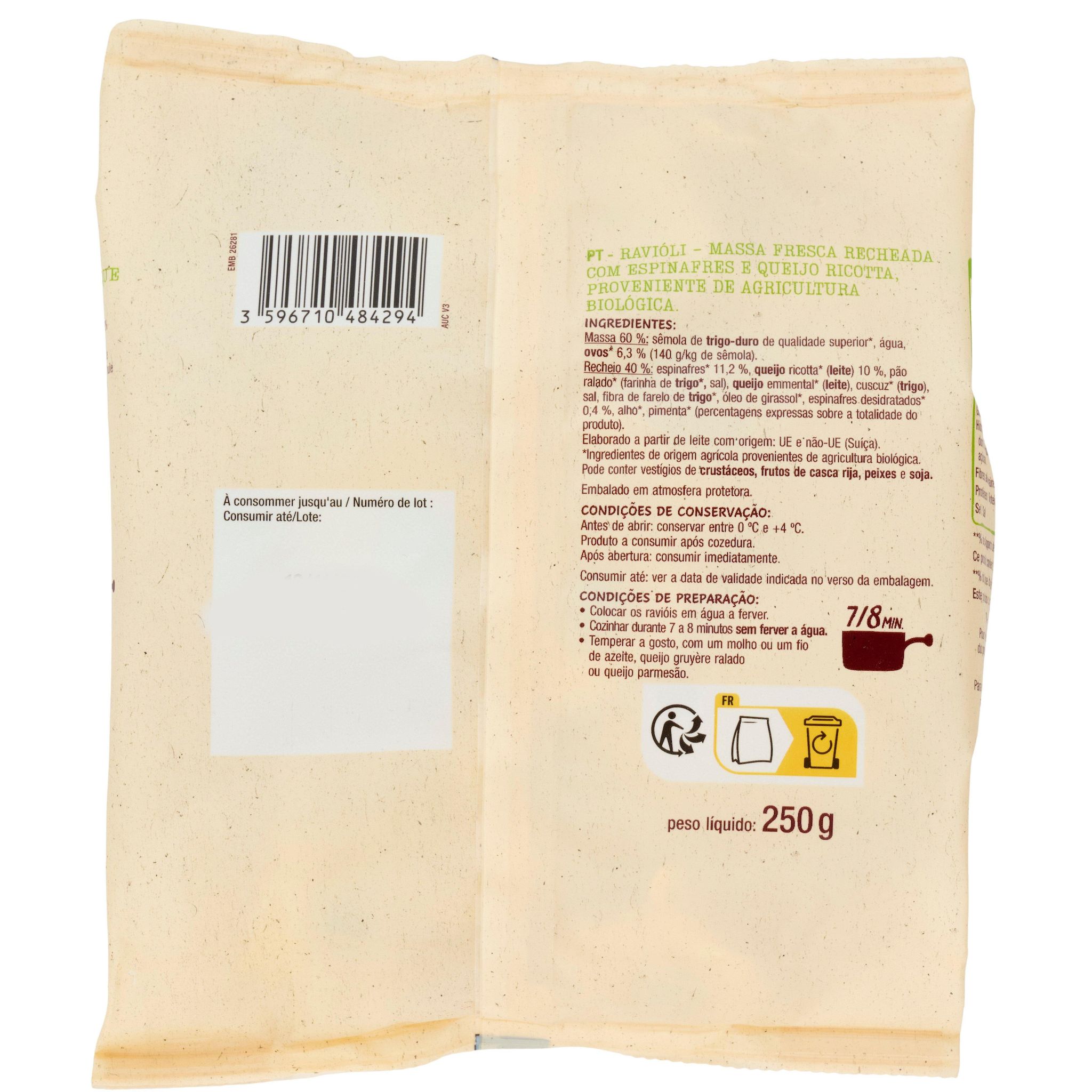 Voir la diapositive 2 : AUCHAN BIO Ravioli ricotta et épinards 2 parts 250g