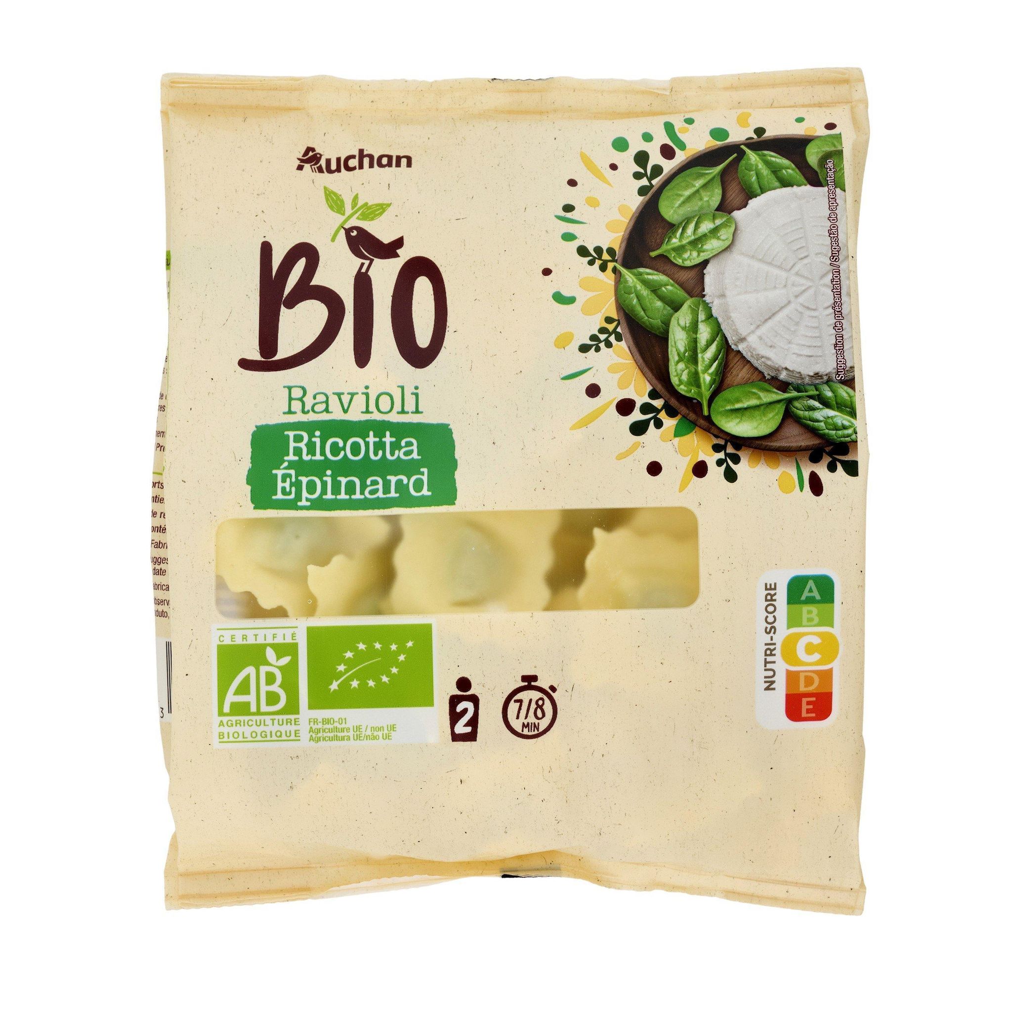 Voir la diapositive 3 : AUCHAN BIO Ravioli ricotta et épinards 2 parts 250g