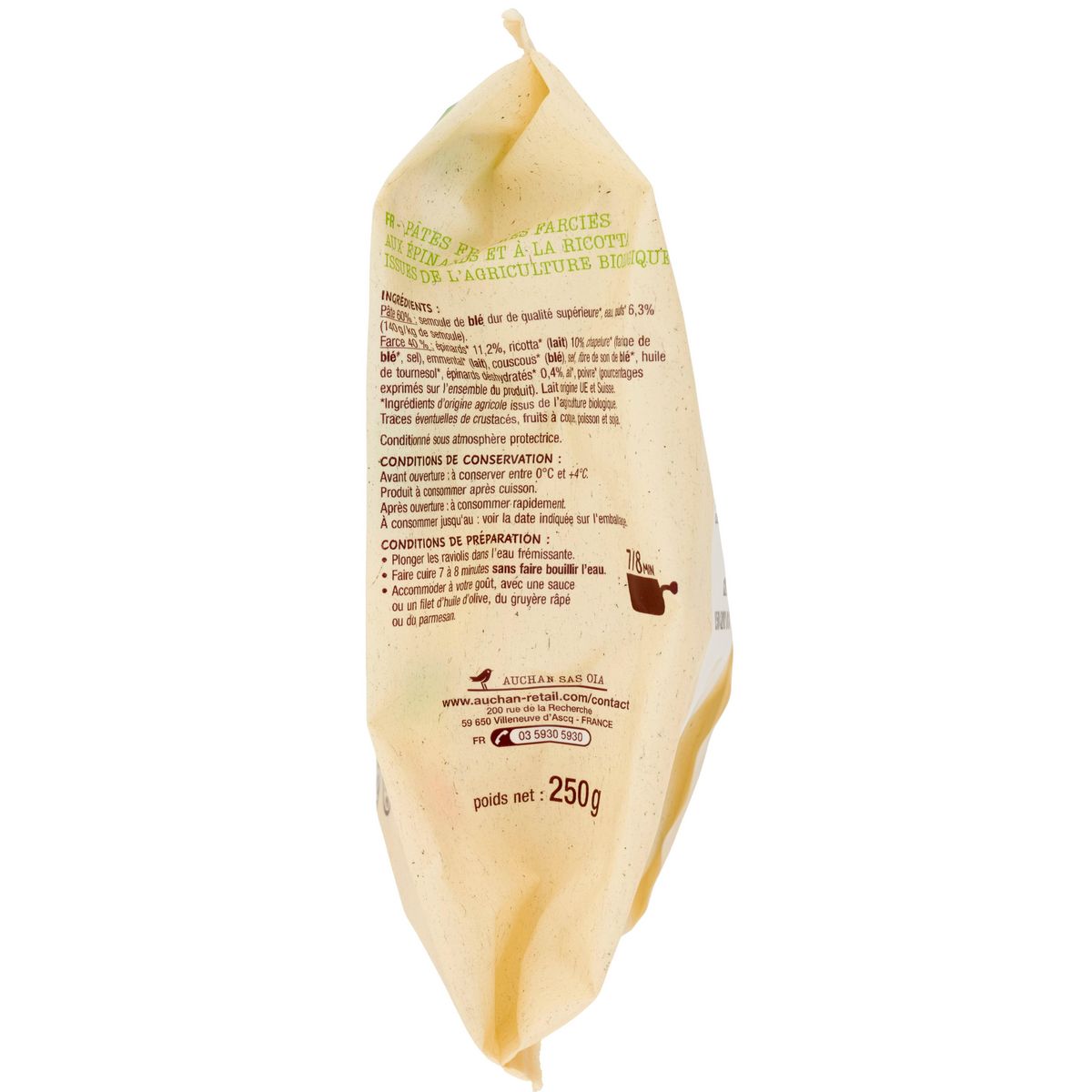 AUCHAN BIO Ravioli ricotta et épinards 2 parts 250g