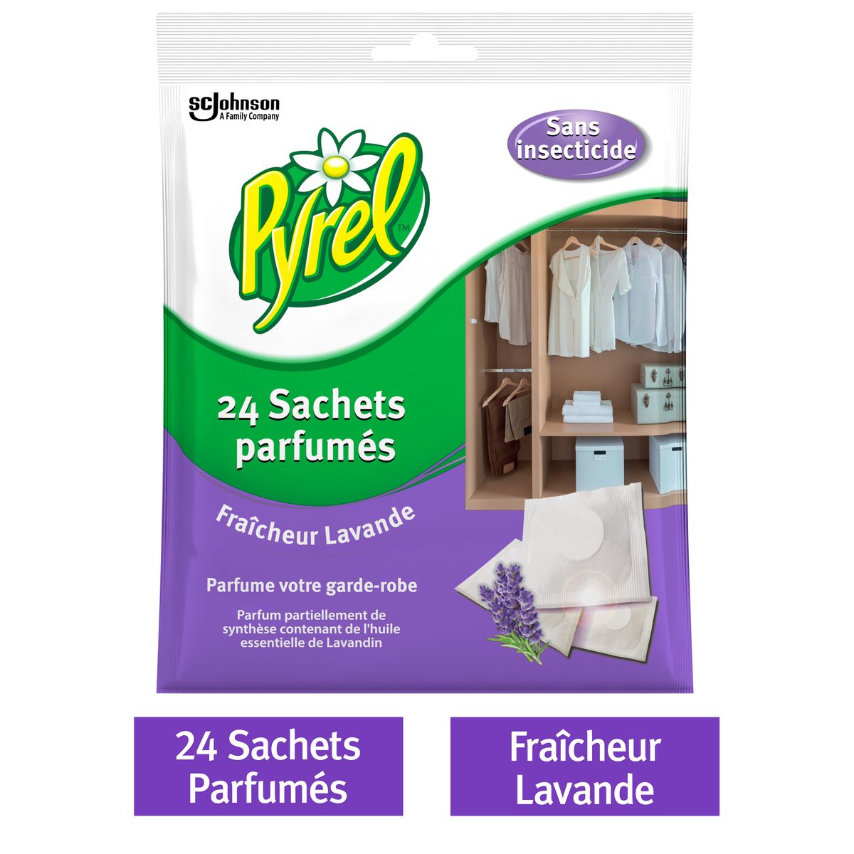 PYREL Sachets parfumés fraîcheur lavande pour garde-robe sans insecticide 24 sachets