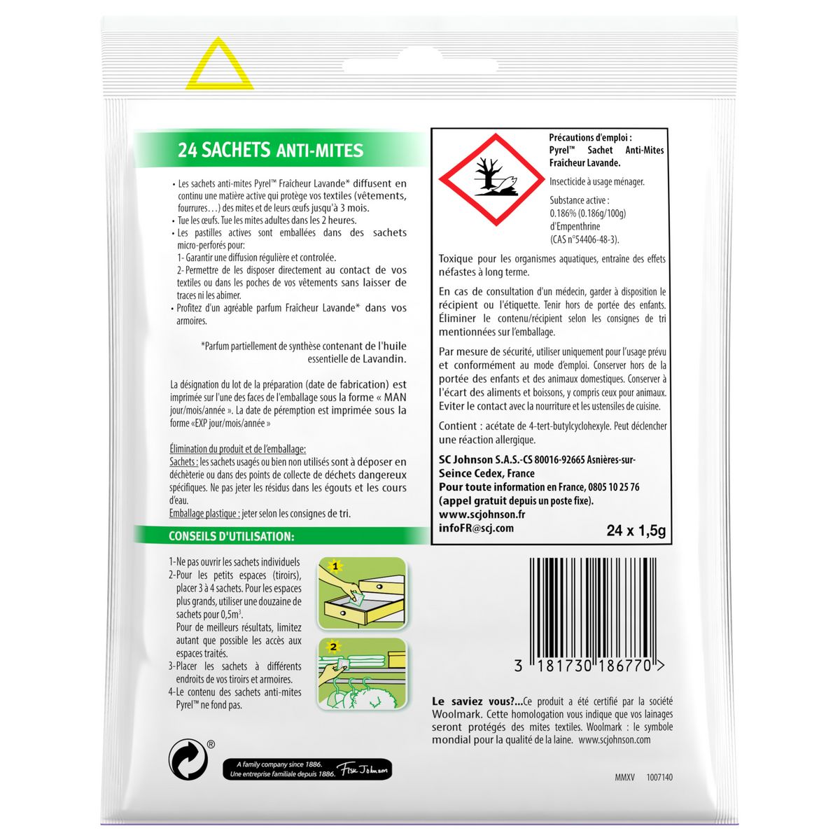 PYREL Sachets parfumés fraîcheur lavande pour garde-robe sans insecticide 24 sachets