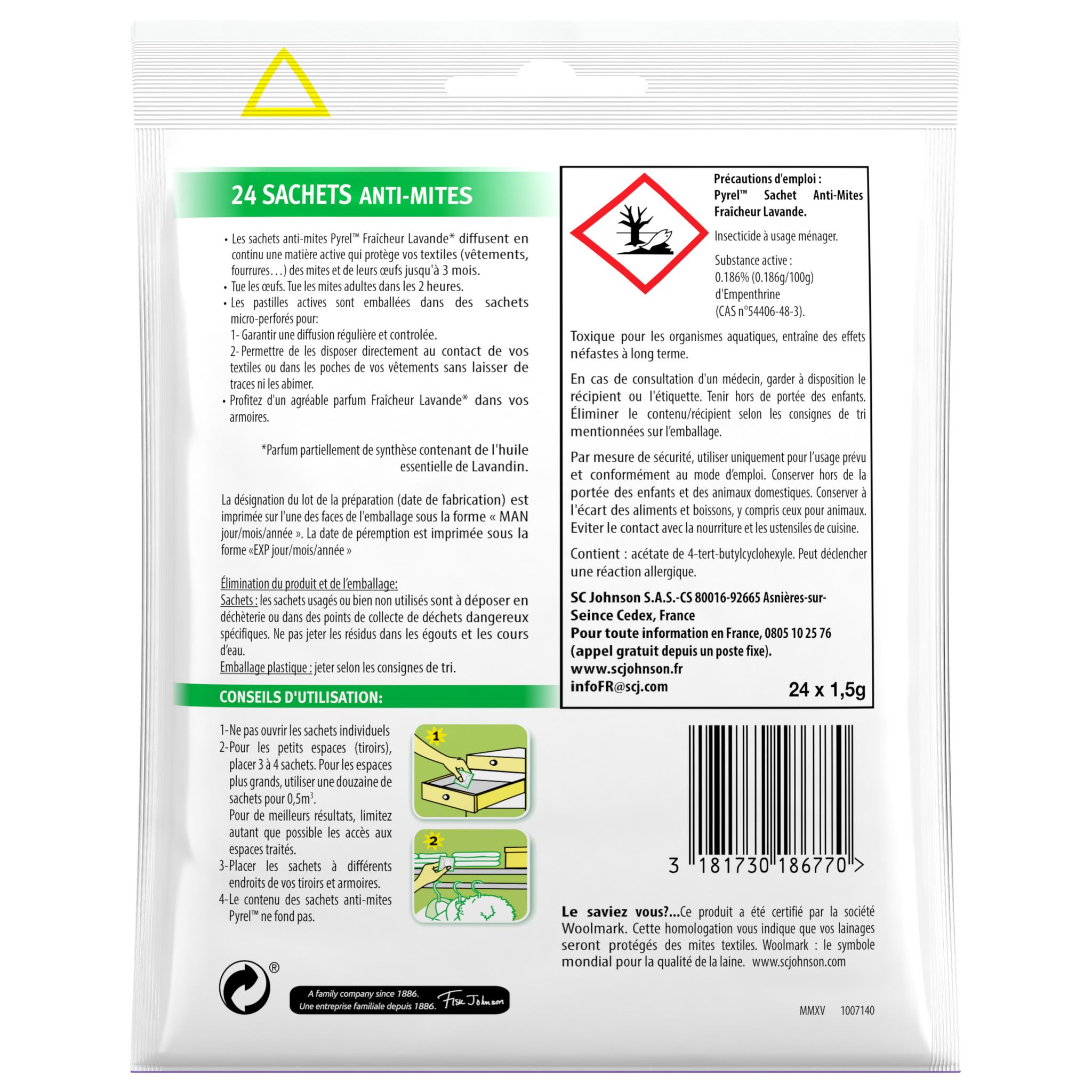 Voir la diapositive 4 : PYREL Sachets parfumés fraîcheur lavande pour garde-robe sans insecticide 24 sachets