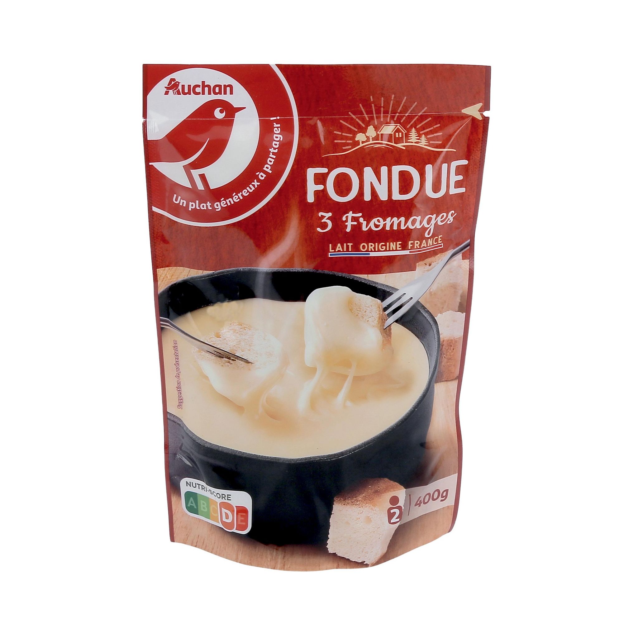 Voir la diapositive 2 : AUCHAN Préparation pour fondue aux 3 fromages 2 parts 400g