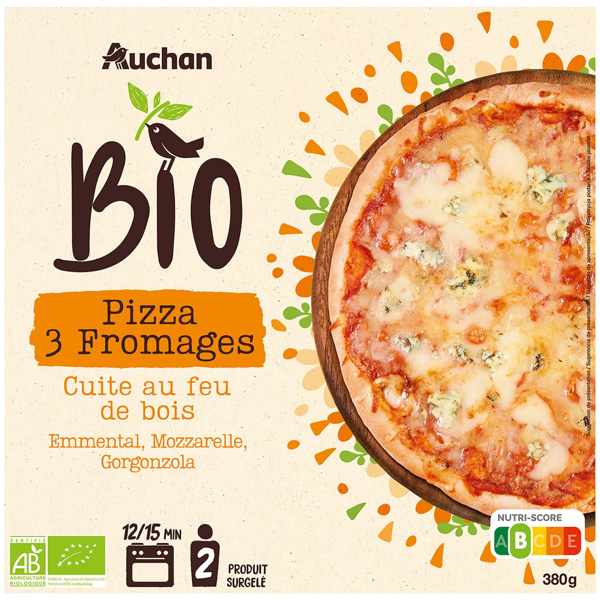 AUCHAN BIO Pizza 3 Fromages Cuite Au Feu De Bois 2 Personnes 380g Pas ...