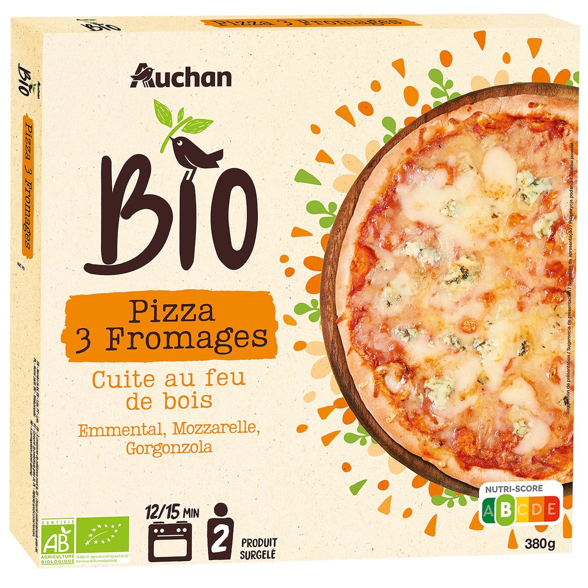 AUCHAN BIO Pizza 3 fromages cuite au feu de bois 2 personnes 380g
