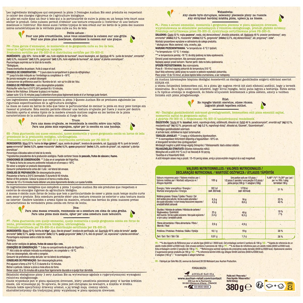 AUCHAN BIO Pizza 3 fromages cuite au feu de bois 2 personnes 380g
