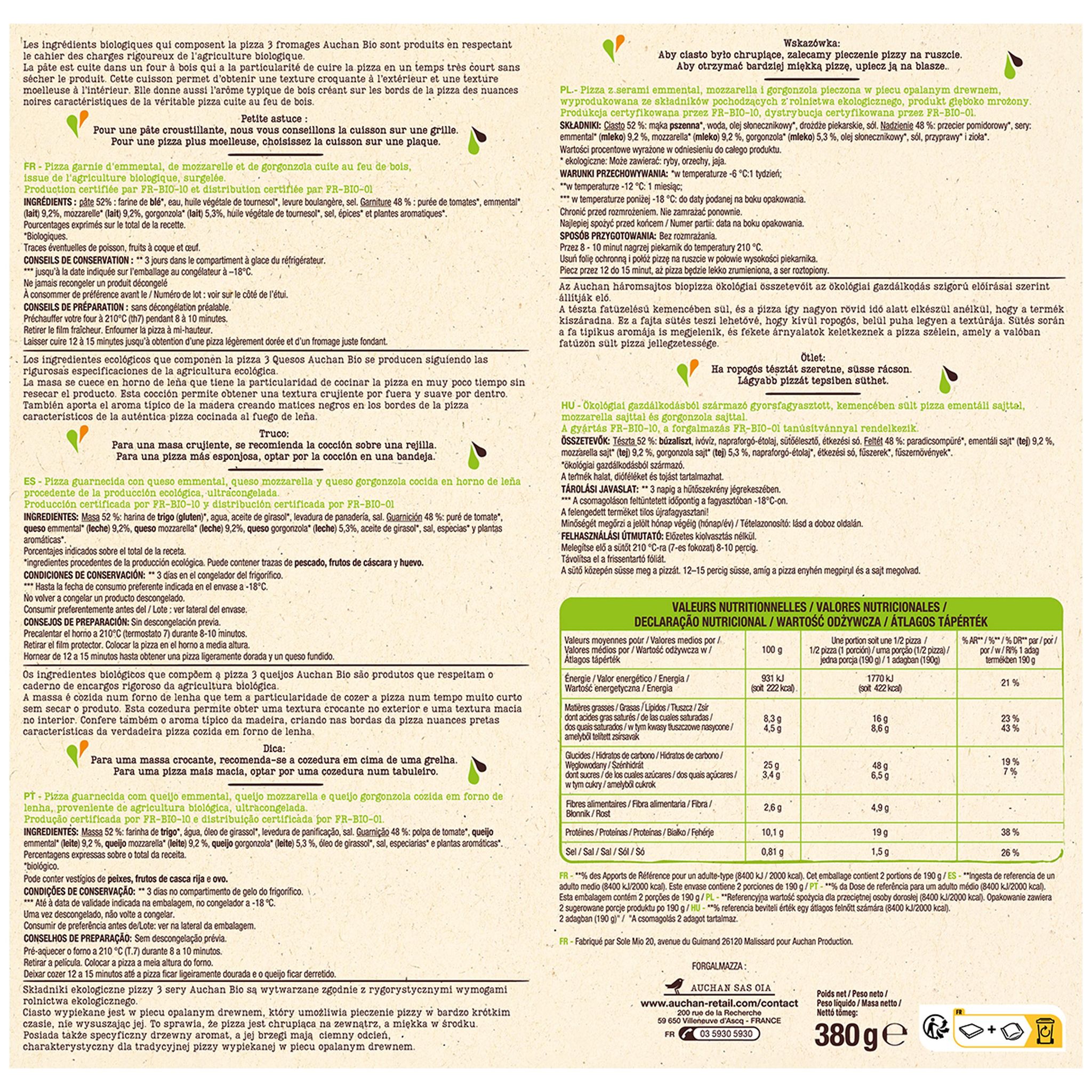 Voir la diapositive 3 : AUCHAN BIO Pizza 3 fromages cuite au feu de bois 2 personnes 380g