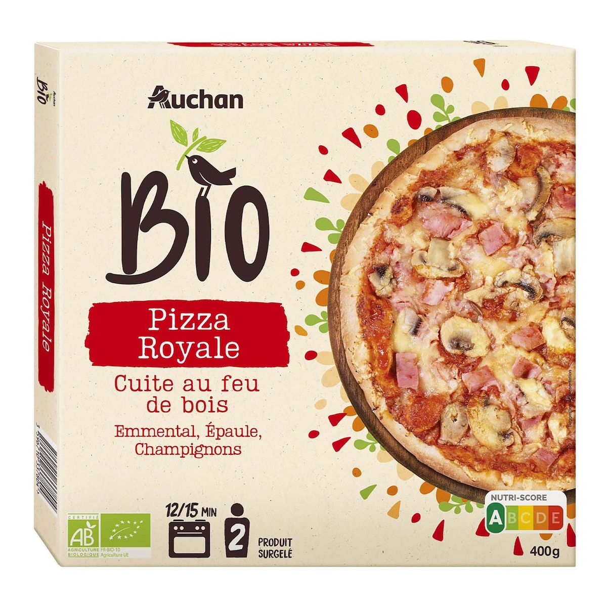 AUCHAN BIO Pizza royale cuite au feu de bois 2 personnes 400g