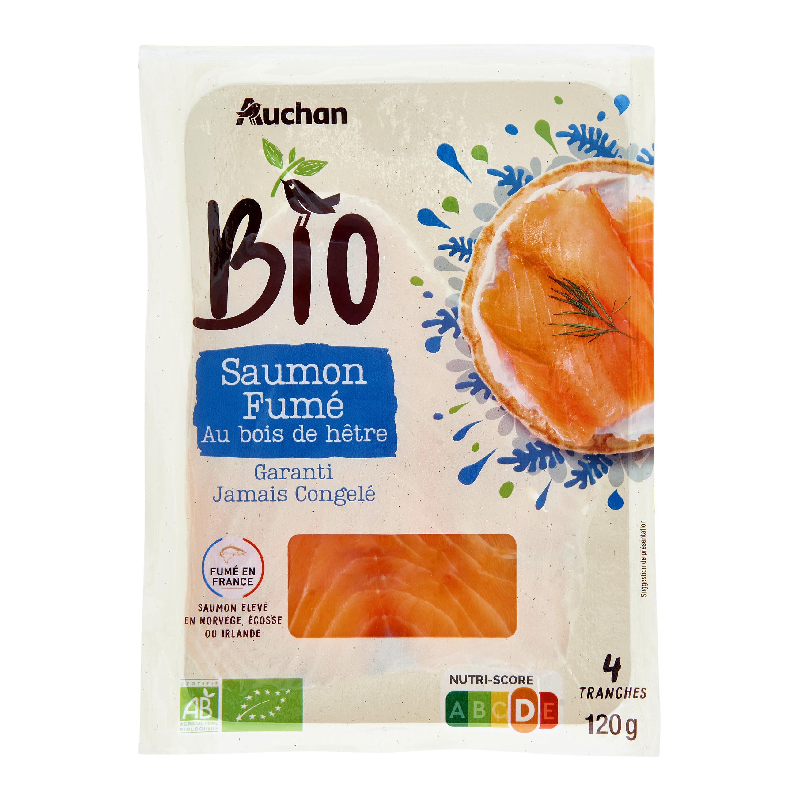Voir la diapositive 3 : AUCHAN BIO Saumon fumé au bois de hêtre 4 tranches 120g