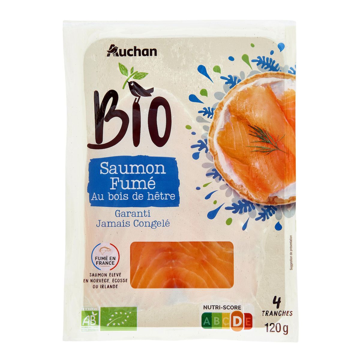 AUCHAN BIO Saumon fumé d'Atlantique 4 tranches 120g