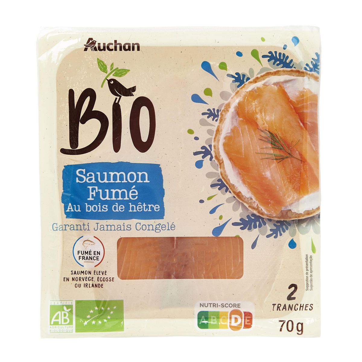 AUCHAN BIO Saumon fumé au bois de hêtre 2 tranches 70g
