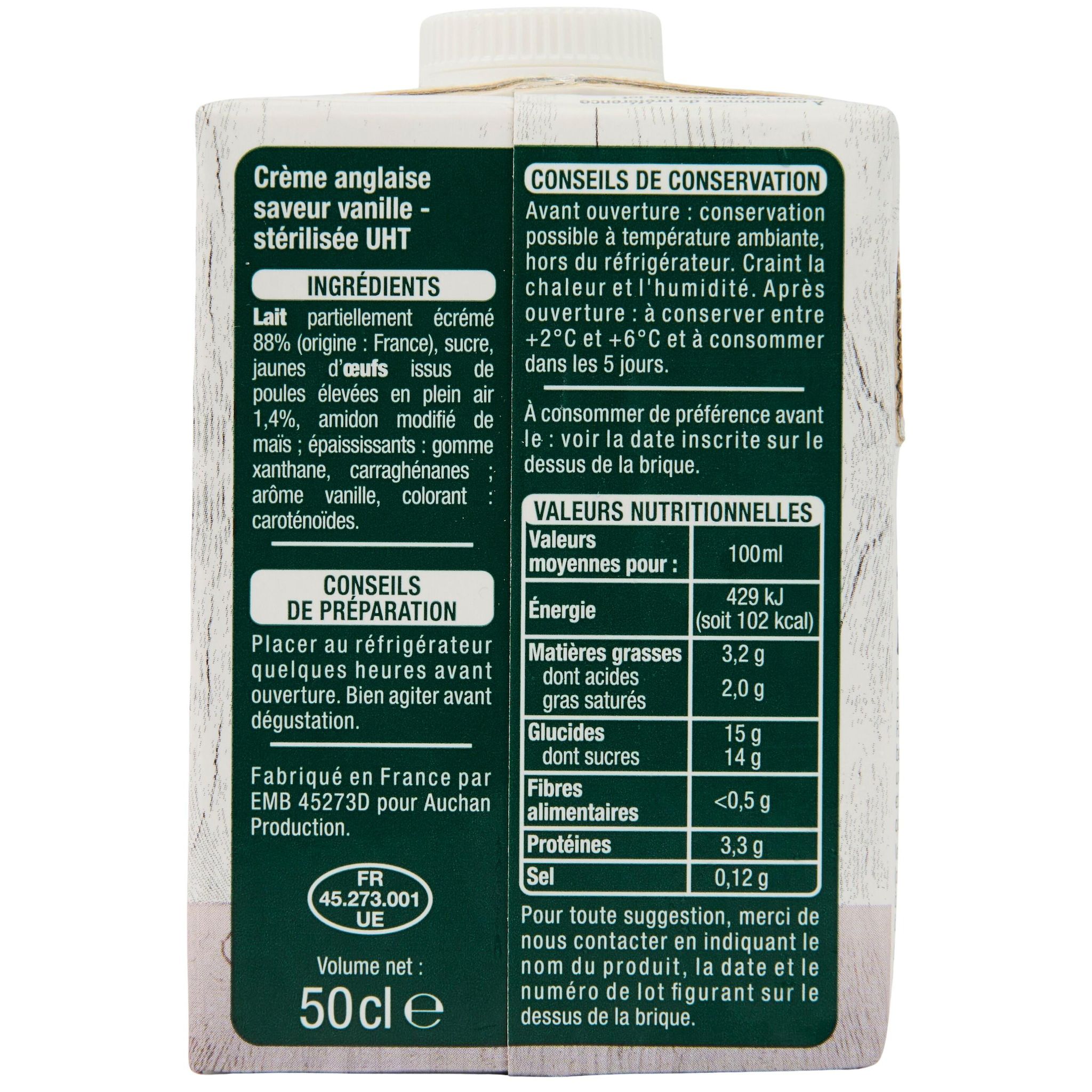 Voir la diapositive 2 : AUCHAN Crème anglaise saveur vanille UHT 50cl