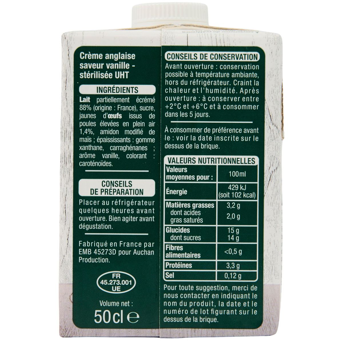 AUCHAN Crème anglaise saveur vanille UHT 50cl