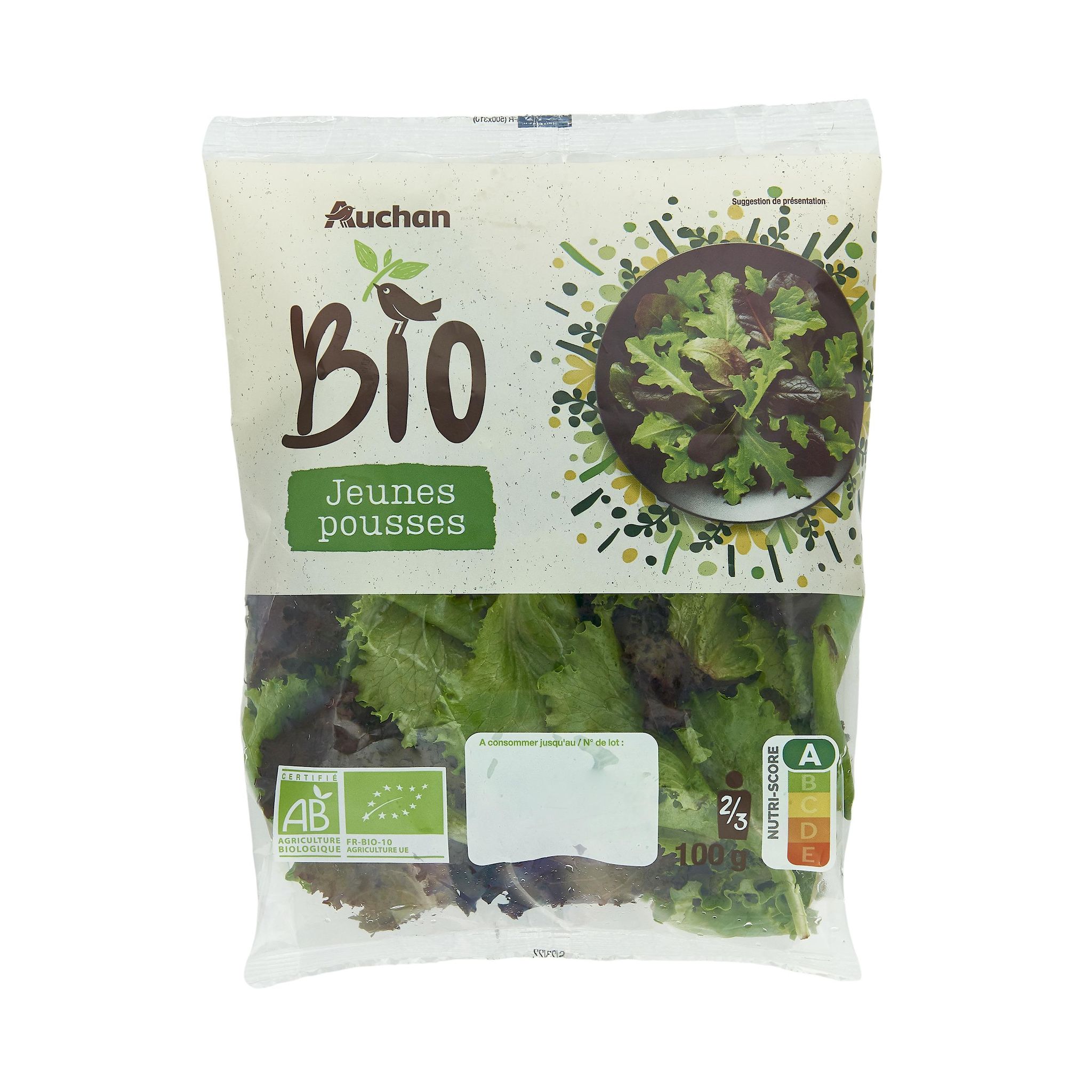 Voir la diapositive 2 : AUCHAN BIO Mélange de jeunes pousses 2-3 parts 100g