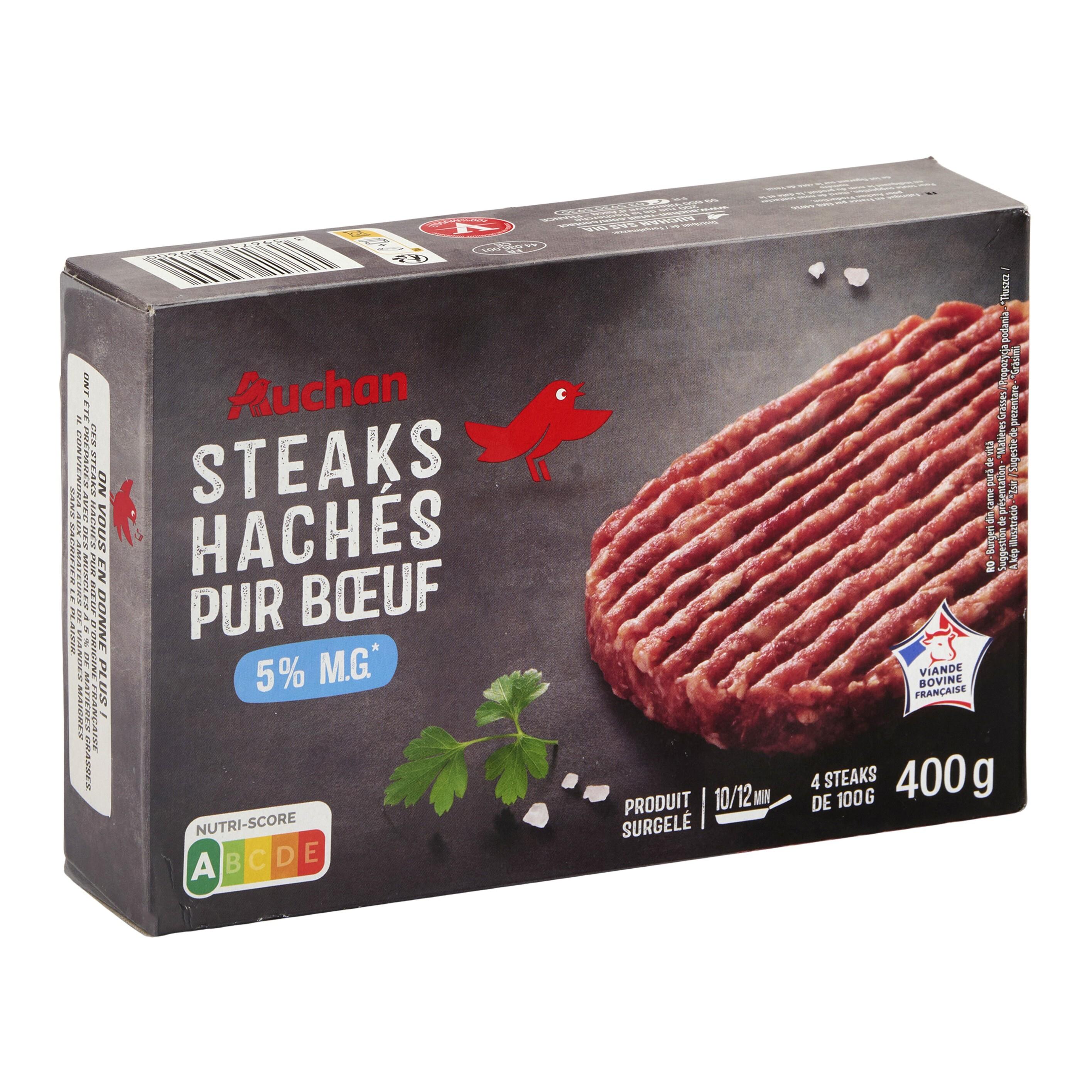 Voir la diapositive 4 : AUCHAN Steaks hachés pur bœuf 5% mg 4 pièces 400g