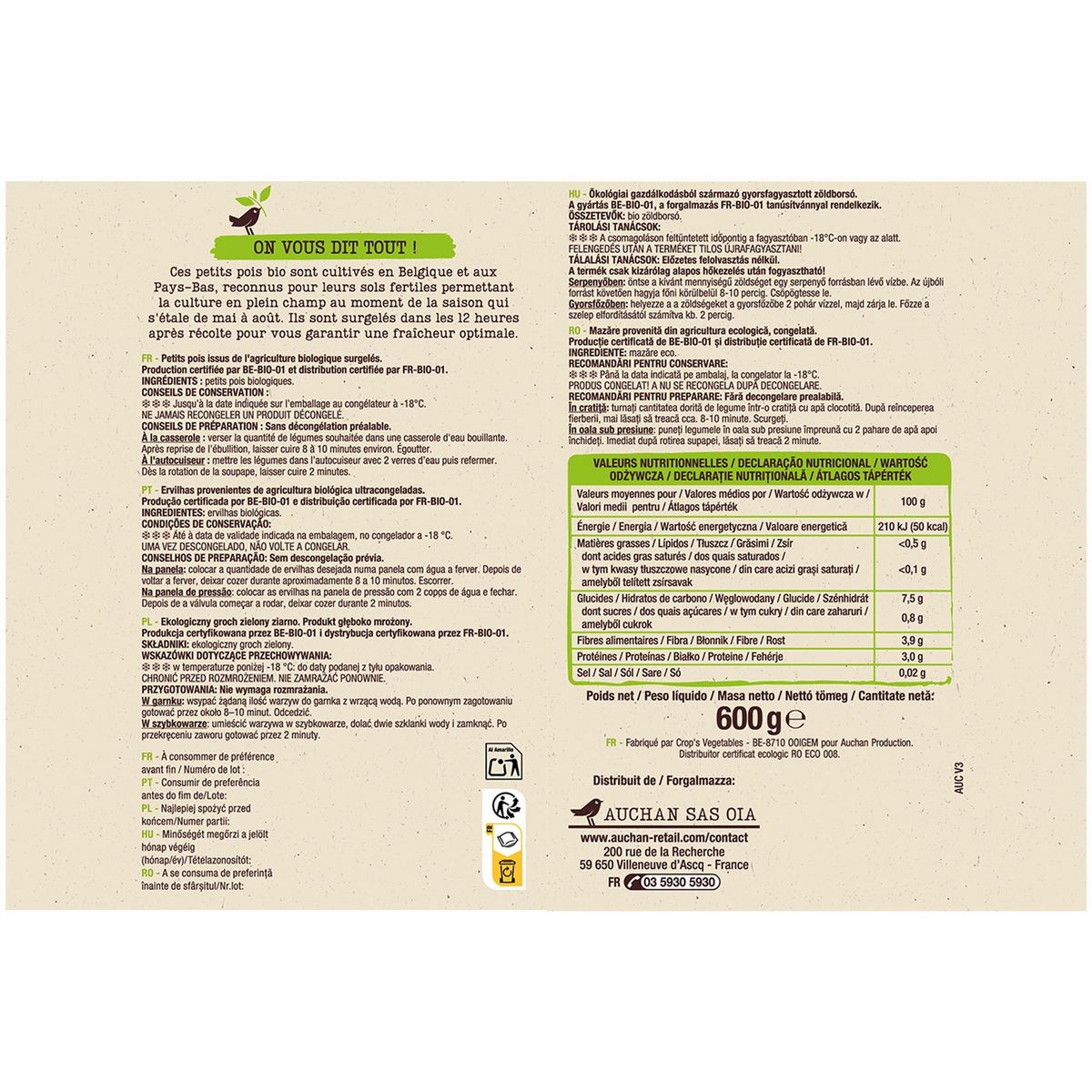 AUCHAN BIO Petits pois 3 portions 600g