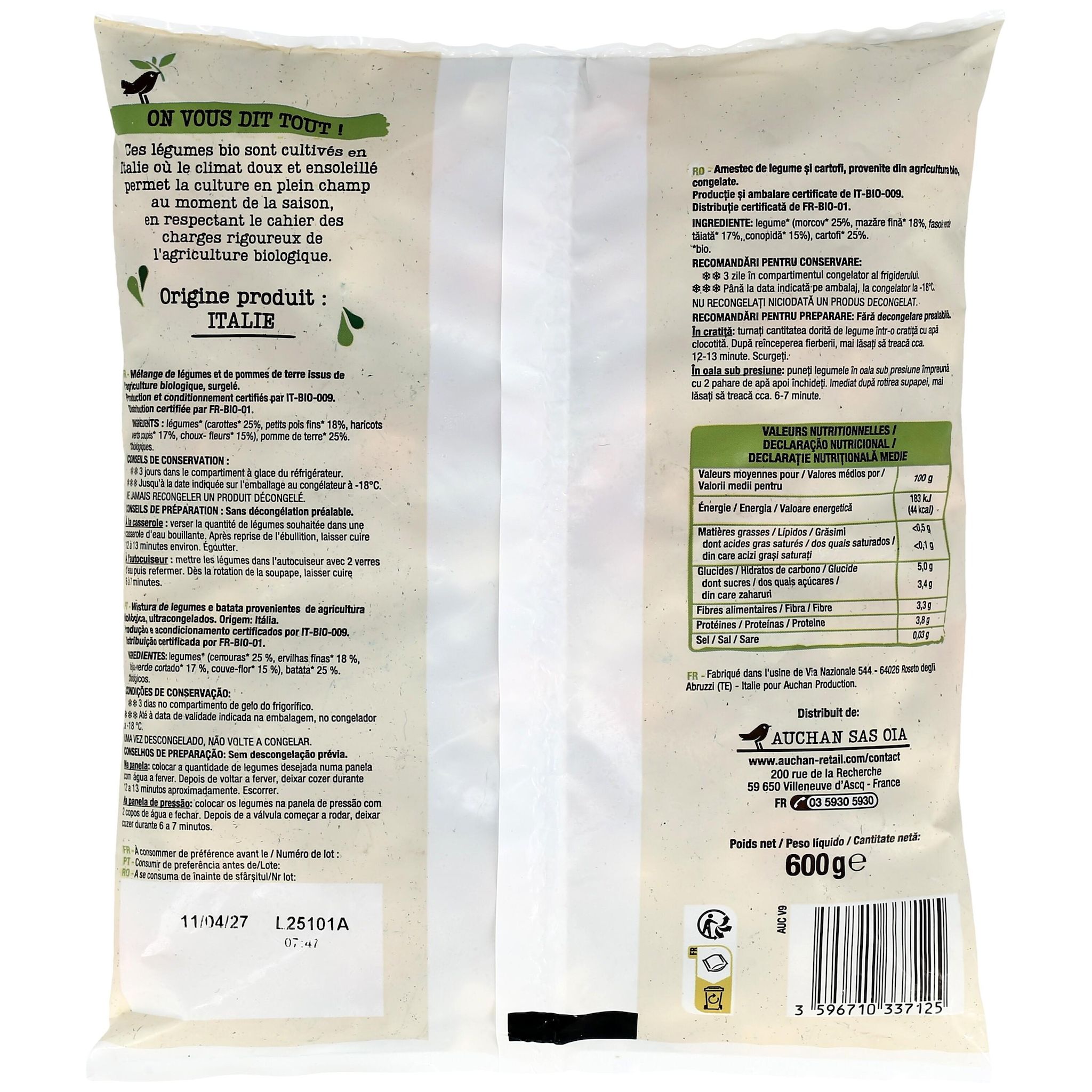 Voir la diapositive 2 : AUCHAN BIO Jardinière de légumes 3 portions 600g