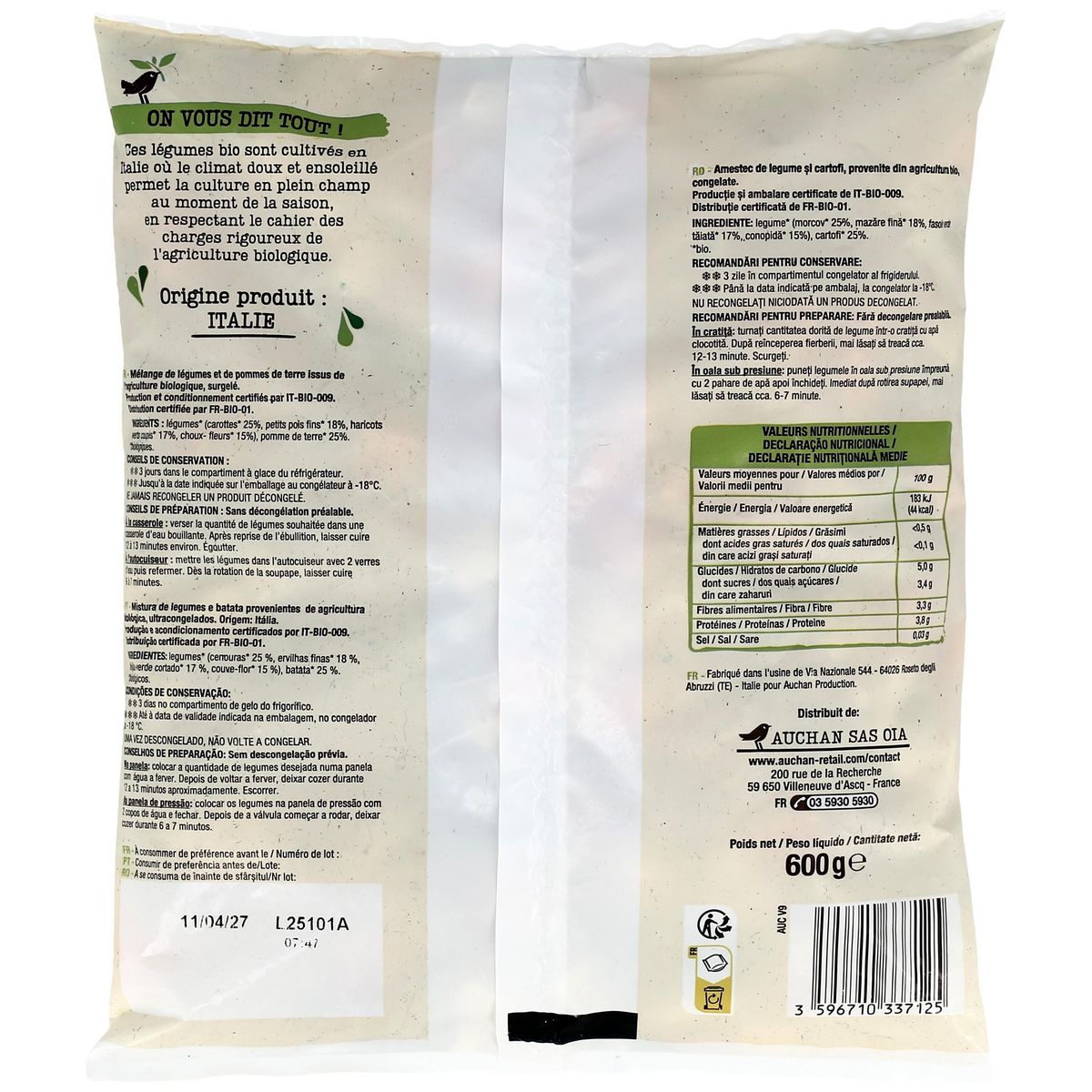 AUCHAN BIO Jardinière de légumes 3 portions 600g