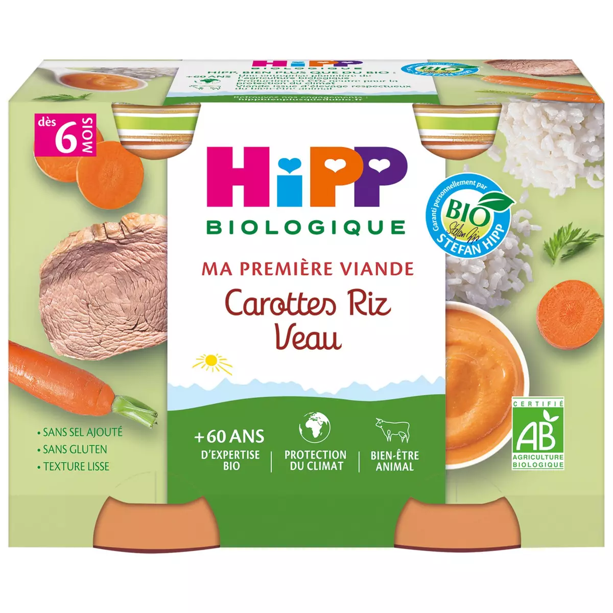 HIPP Petit pot carottes riz veau bio dès 6 mois 2x190g