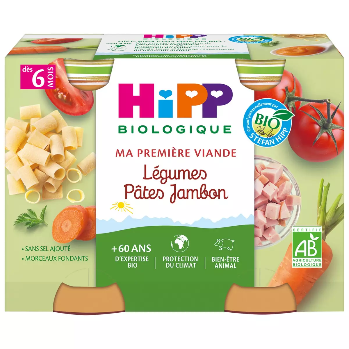 HIPP Petit pot légumes pâtes jambon bio dès 6 mois 2x190g