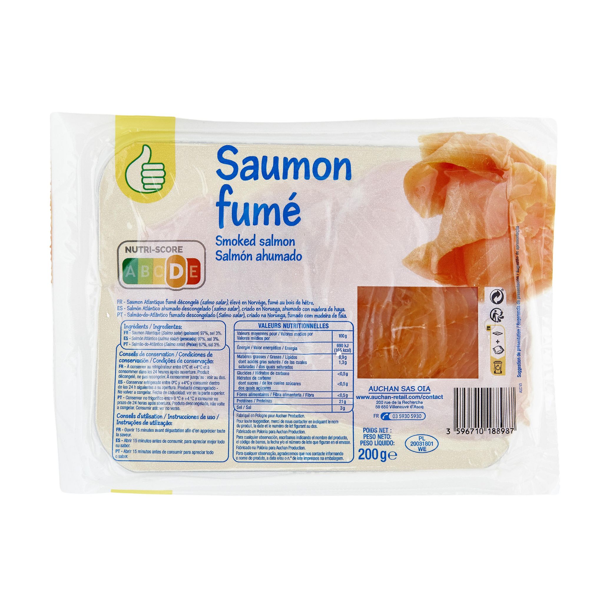 Voir la diapositive 2 : POUCE Saumon fumé de l'Atlantique 200g