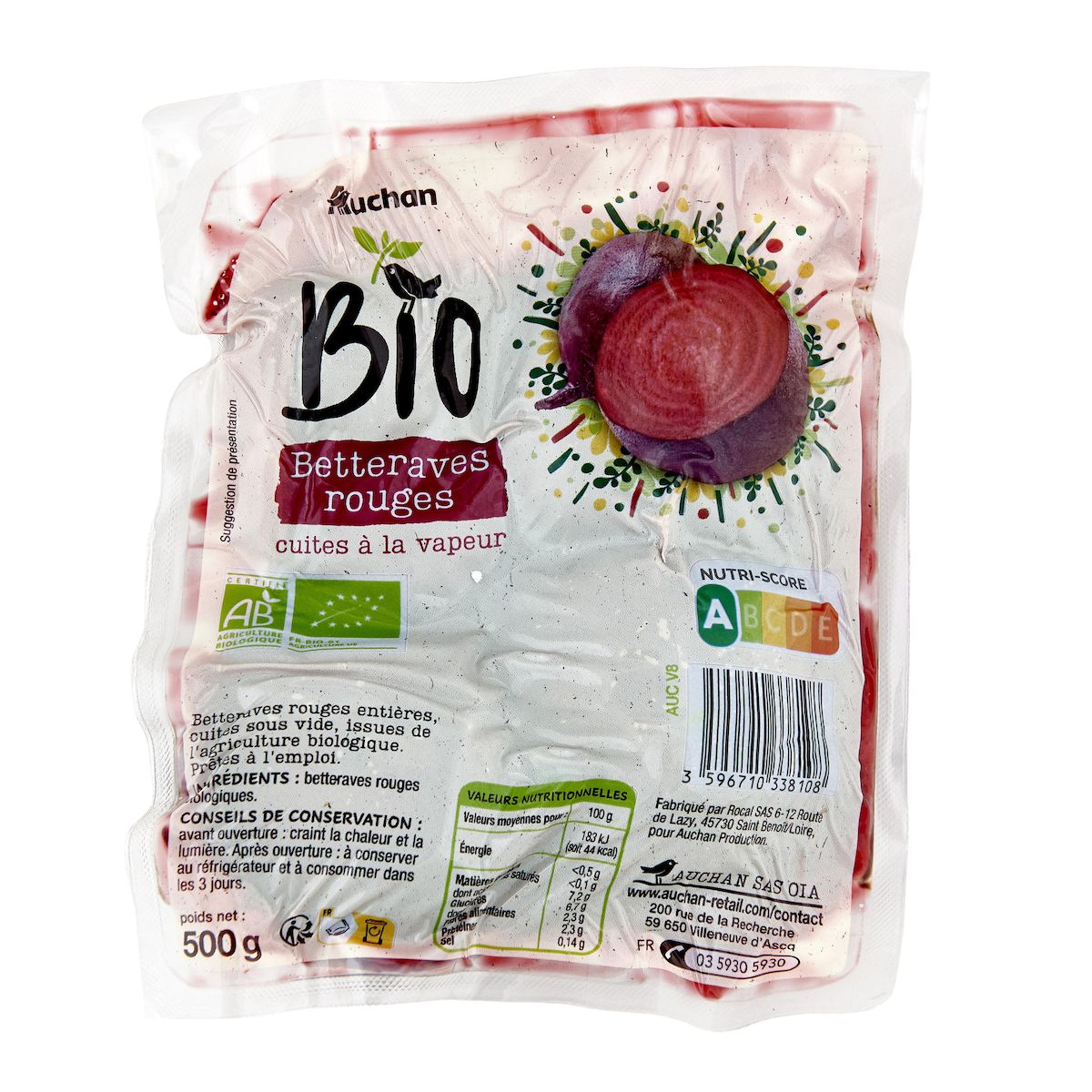 AUCHAN BIO Betteraves rouges entières cuites 500g