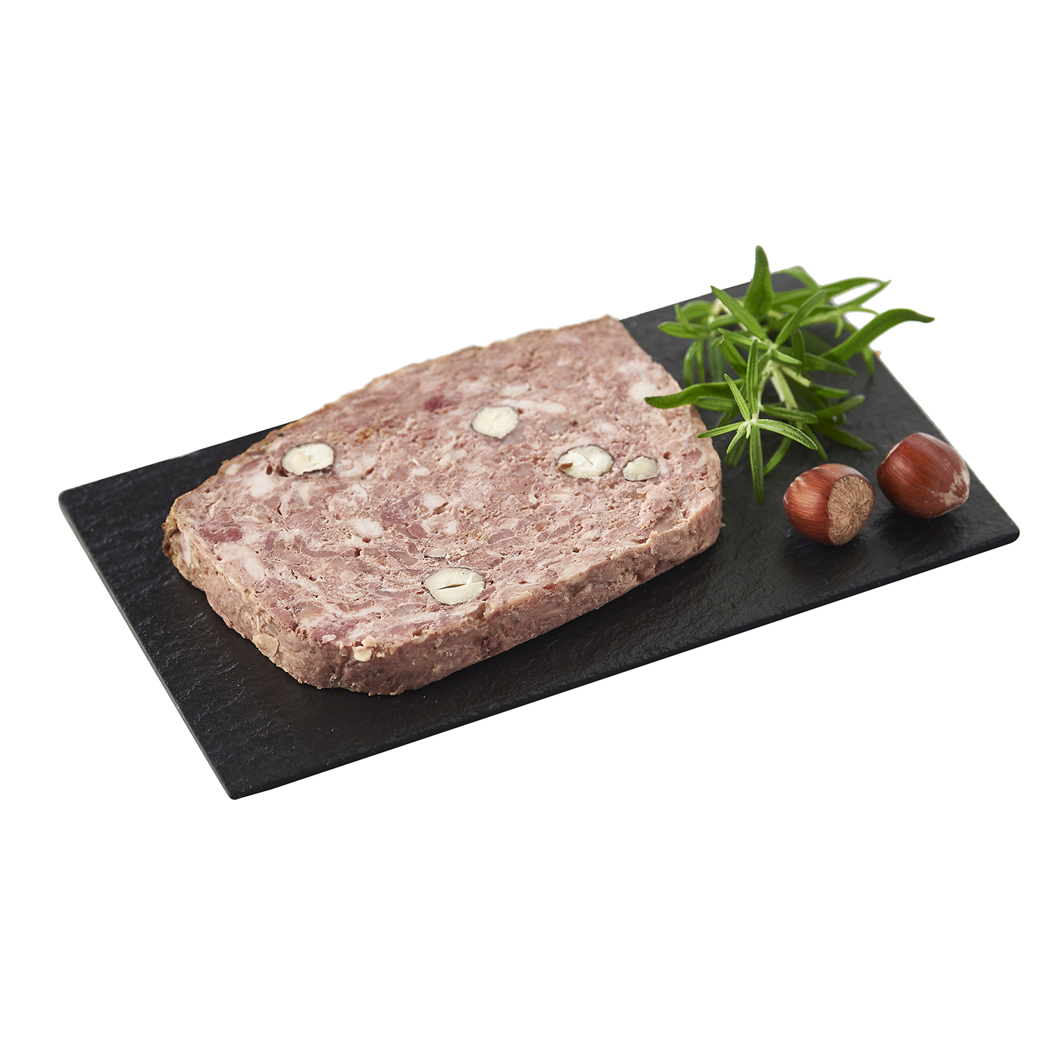 Voir la diapositive 2 : AUCHAN LE CHARCUTIER Terrine de lapin et noisettes 200g