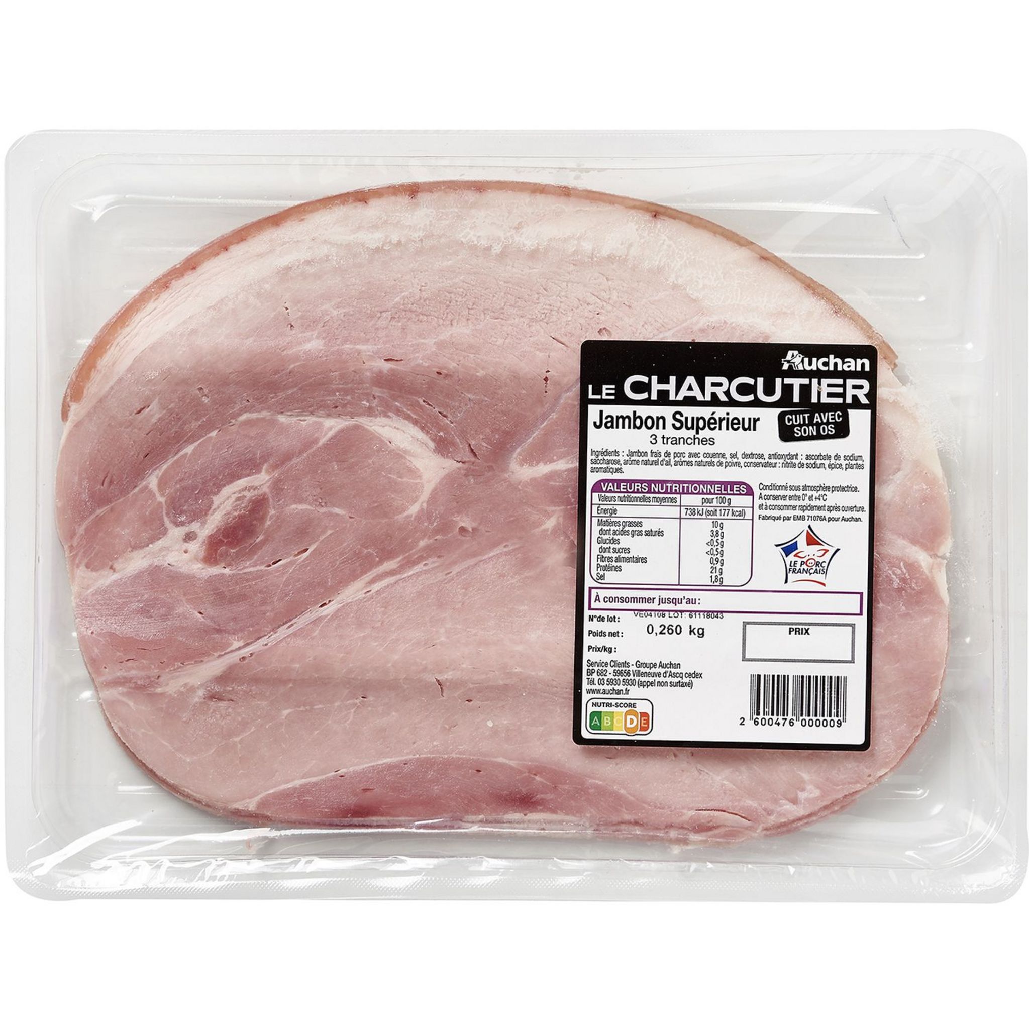 AUCHAN LE CHARCUTIER Jambon supérieur 3 tranches 260g
