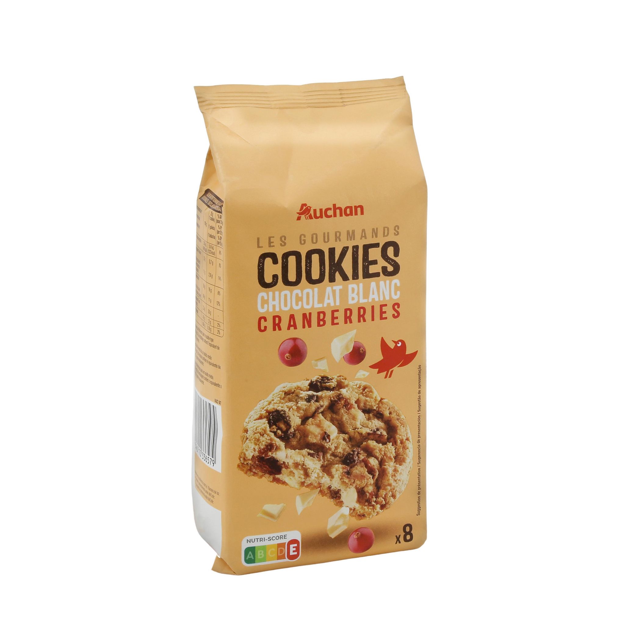 Voir la diapositive 3 : AUCHAN Cookies chocolat blanc saveur canberries 8 cookies 200g