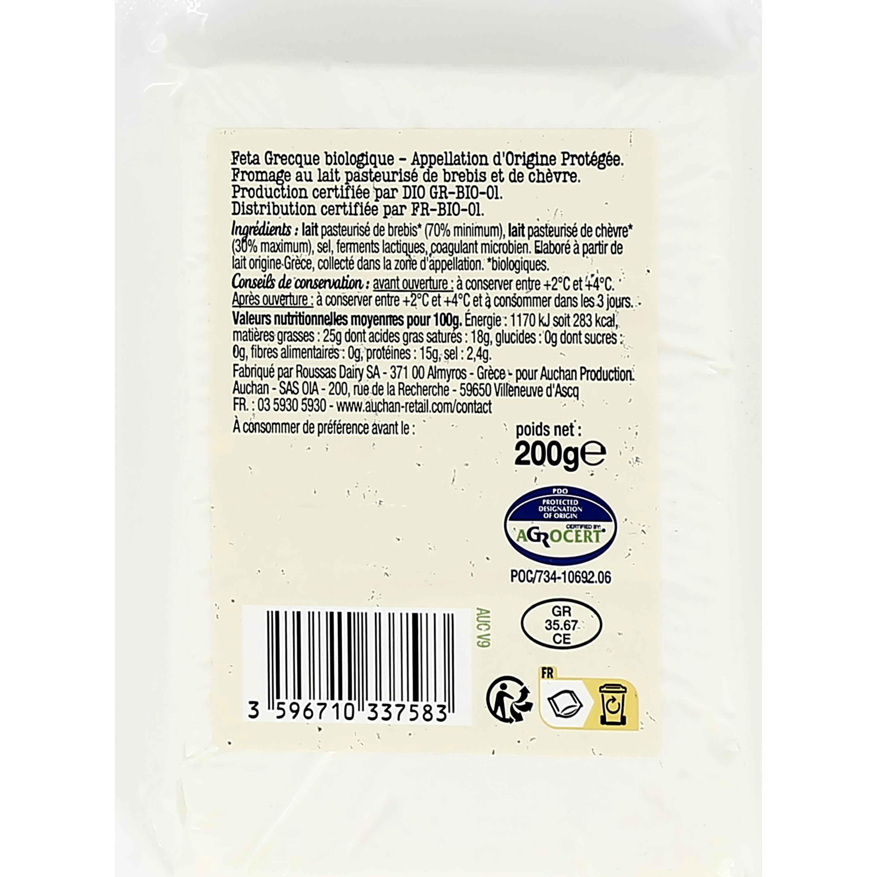 Voir la diapositive 2 : AUCHAN BIO Feta grecque AOP 200g