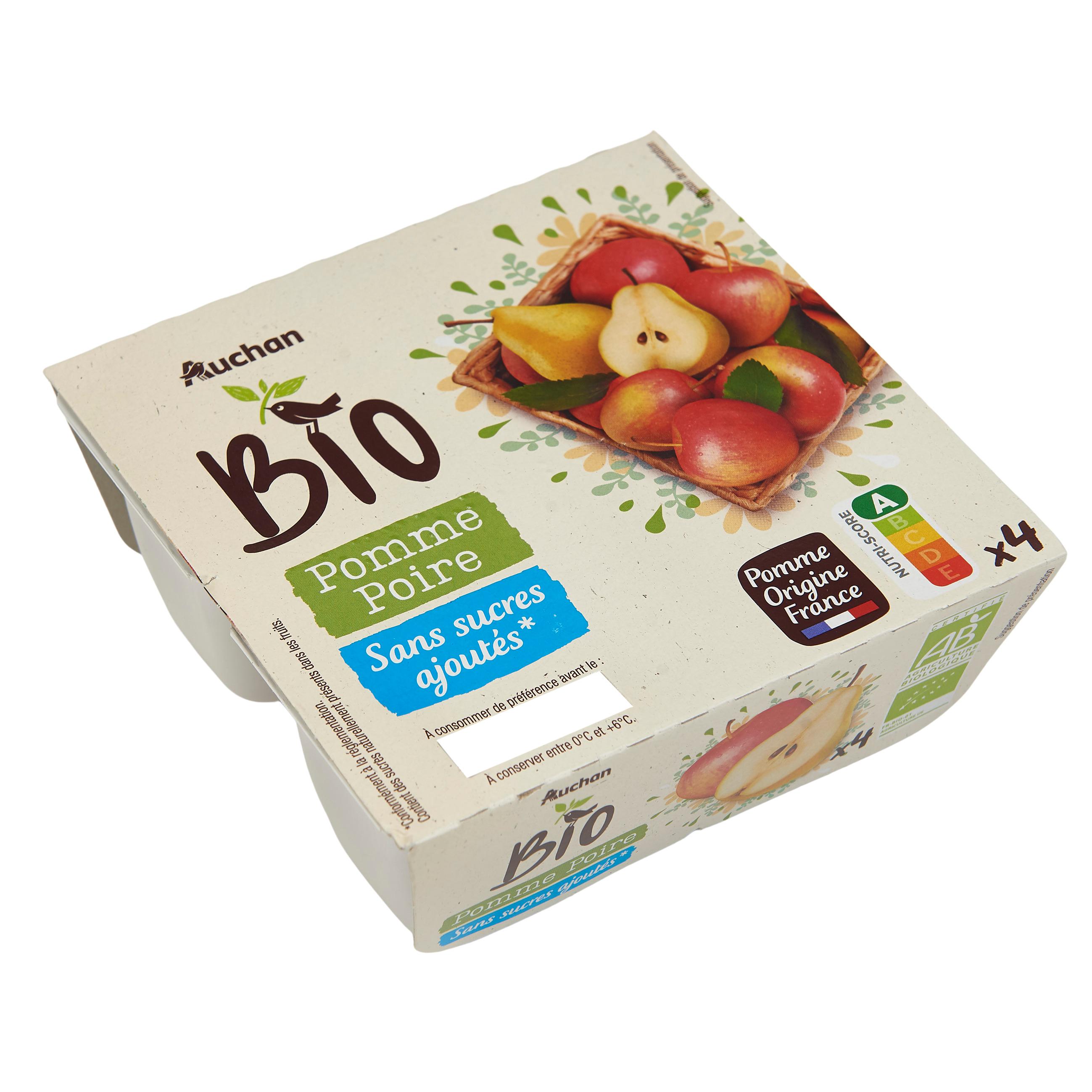 Voir la diapositive 2 : AUCHAN BIO Spécialité pomme poire sans sucres ajoutés 4x95g