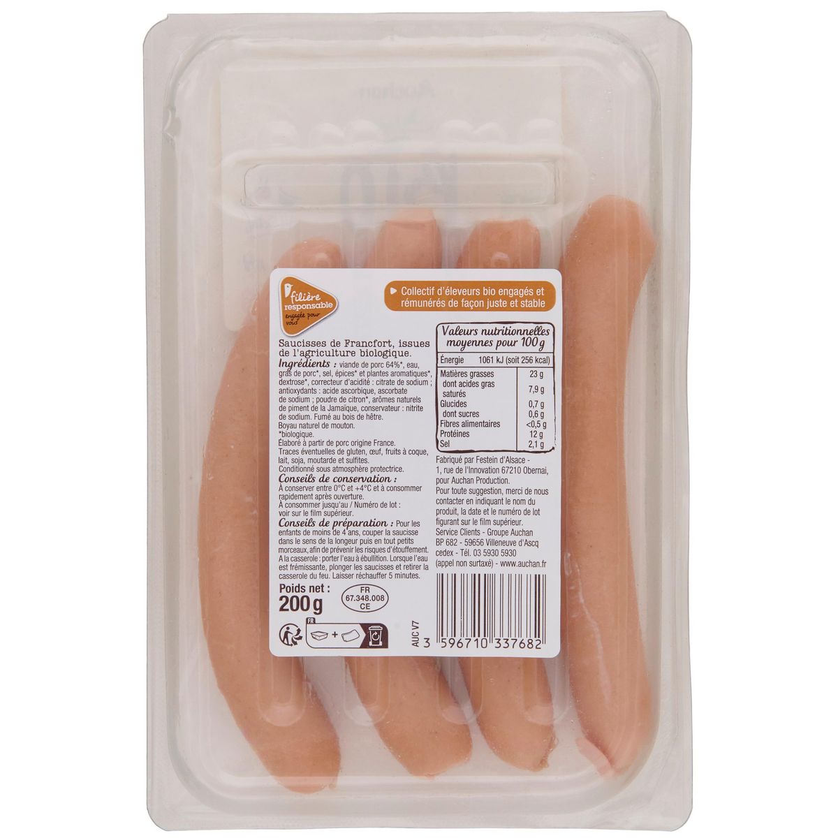 AUCHAN BIO CULTIVONS LE BON Saucisses de Francfort 4 pièces 200g