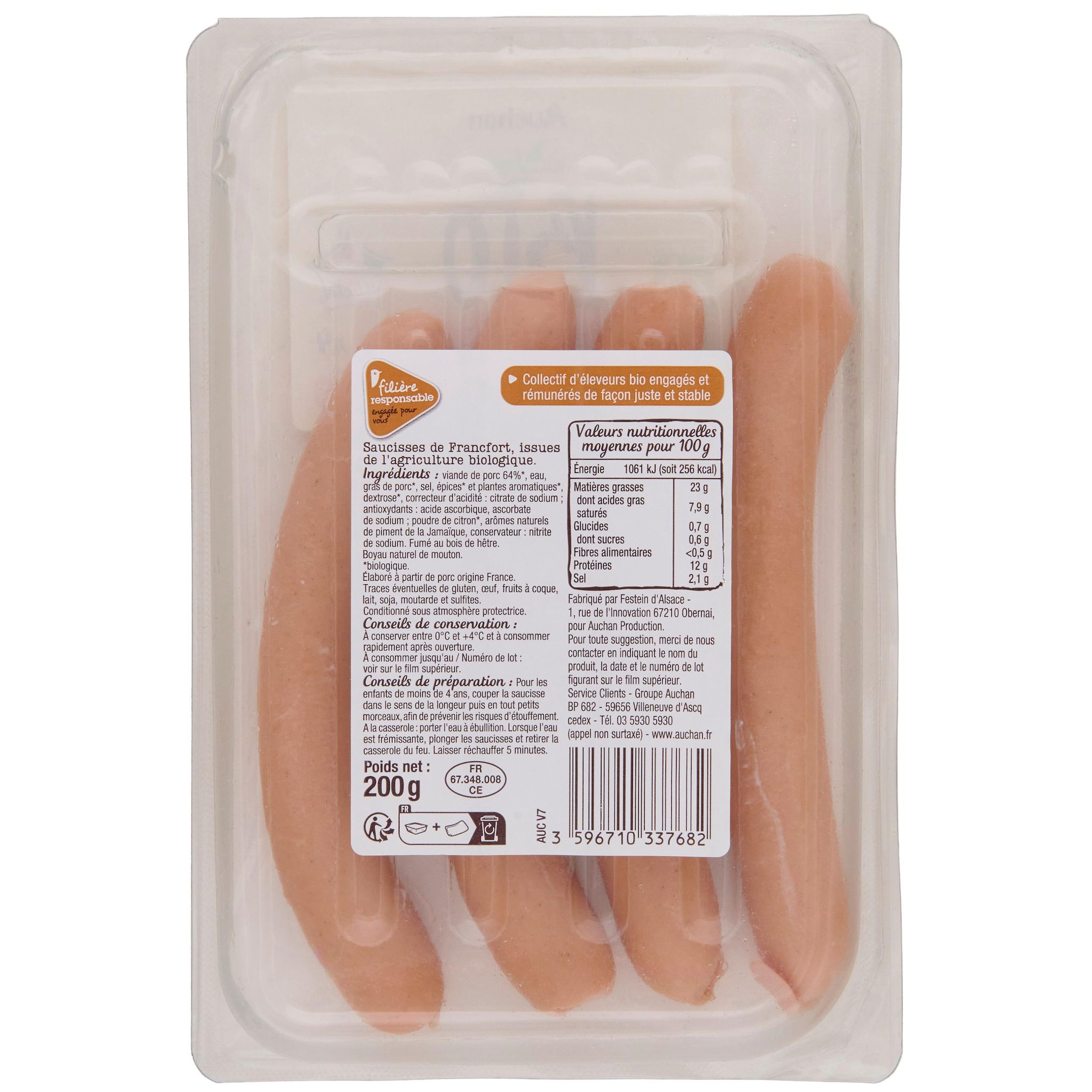 Voir la diapositive 3 : AUCHAN BIO CULTIVONS LE BON Saucisses de Francfort 4 pièces 200g