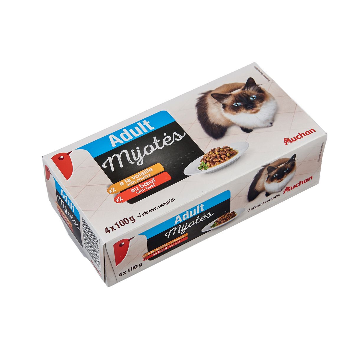 AUCHAN Adult barquettes pâtée mijotés au boeuf et poulet pour chat 4x100g