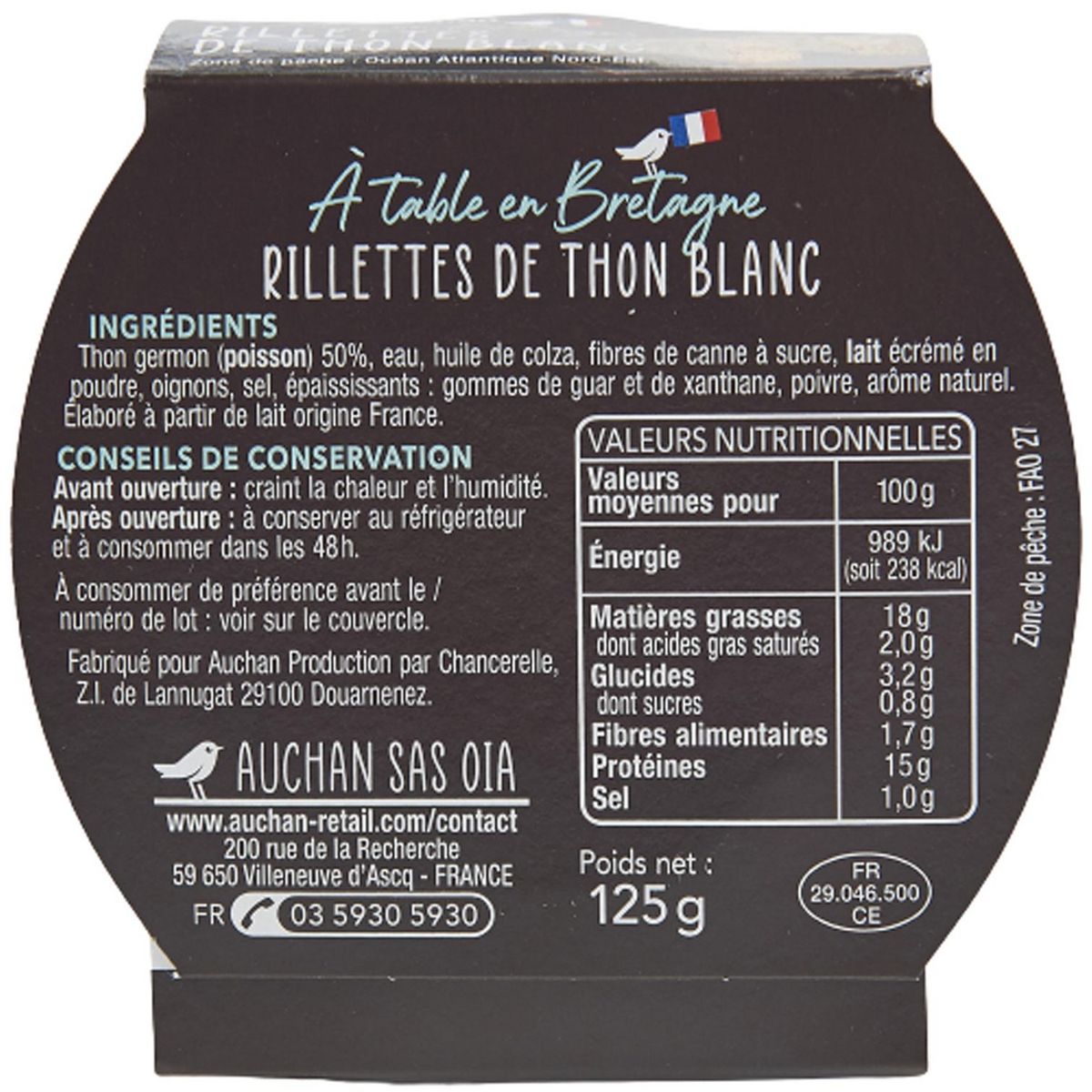 AUCHAN TERROIR Rillettes de thon blanc 125g