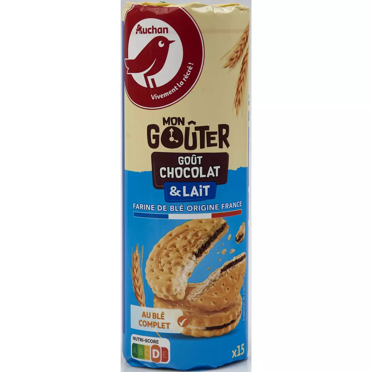 AUCHAN Mon Goûter Biscuits fourrés ronds goût chocolat et lait 15 biscuits 300g