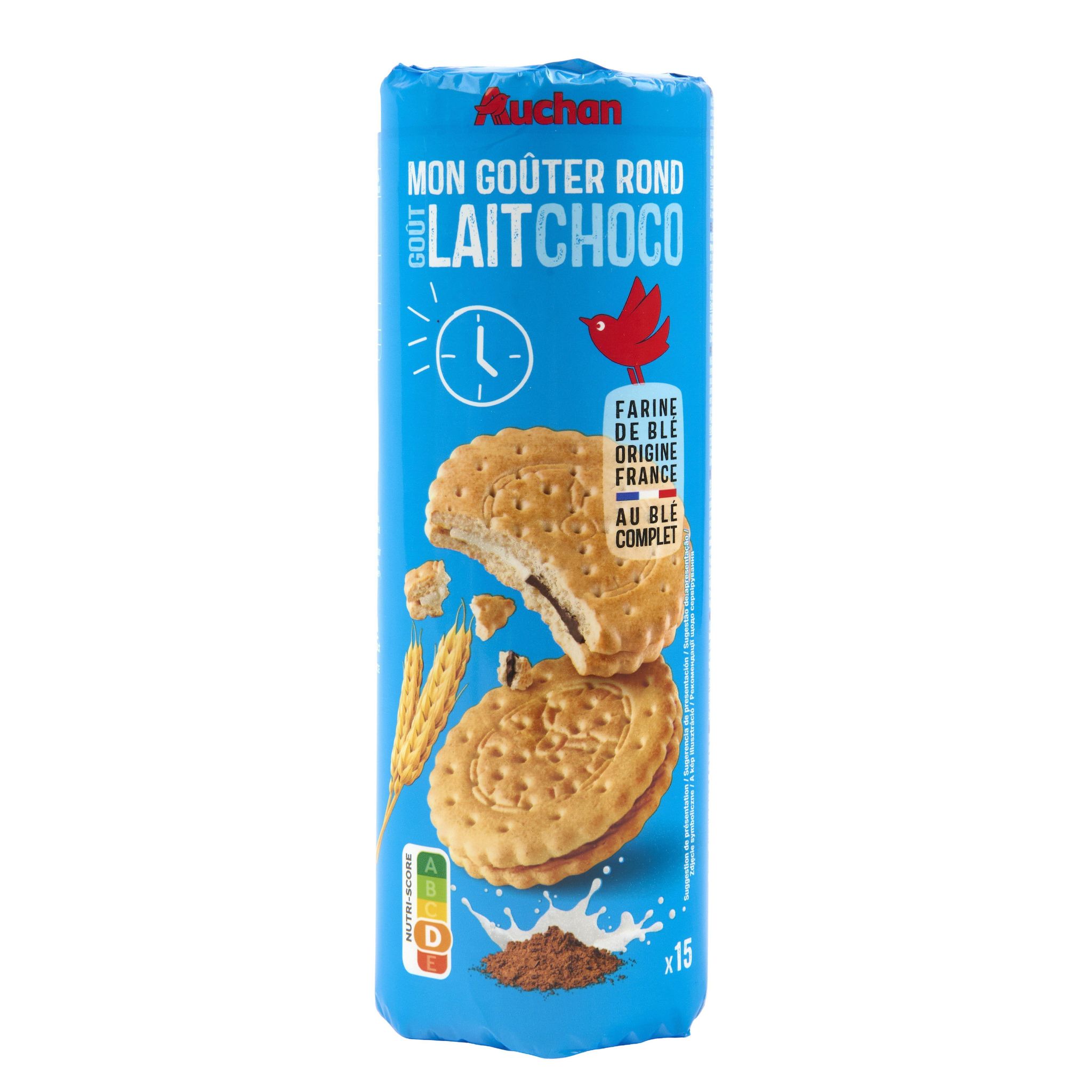 Voir la diapositive 4 : AUCHAN Mon Goûter Biscuits fourrés ronds goût chocolat et lait 15 biscuits 300g