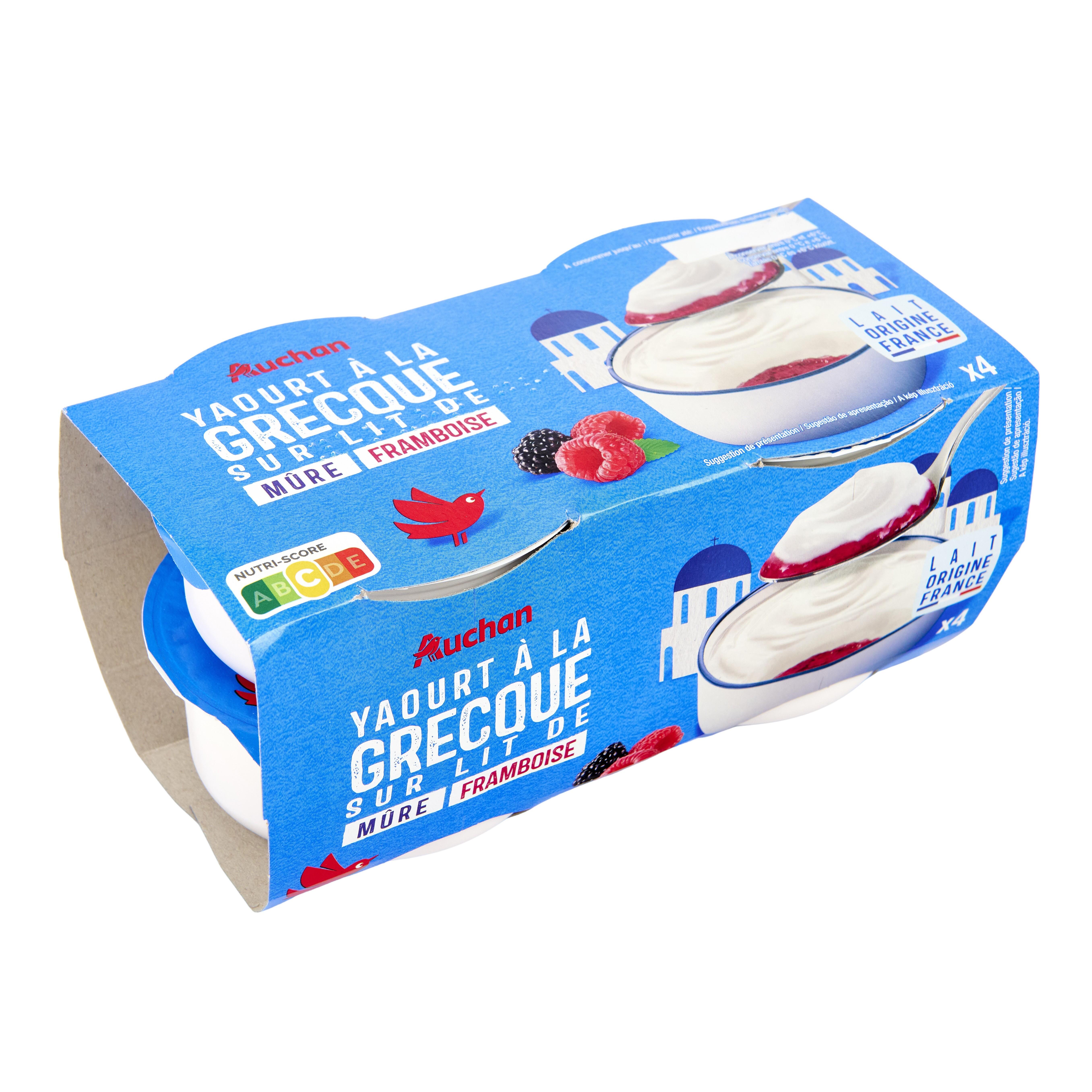 Voir la diapositive 2 : AUCHAN Yaourt à la grecque sur lit de framboise mûre 4x150g