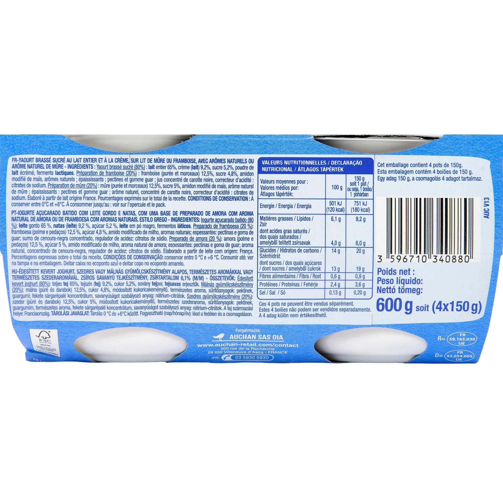 Voir la diapositive 2 : AUCHAN Yaourt à la grecque sur lit de framboise mûre 4x150g