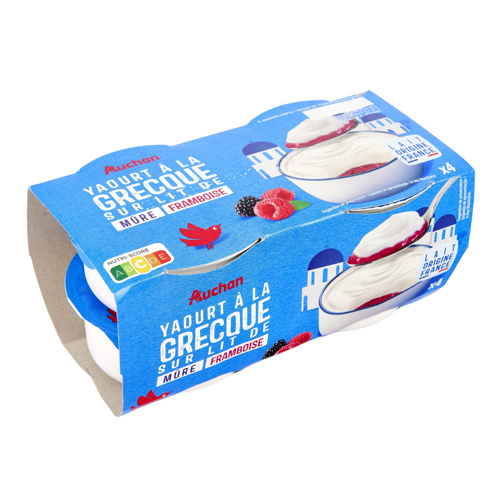 Voir la diapositive 3 : AUCHAN Yaourt à la grecque sur lit de framboise mûre 4x150g