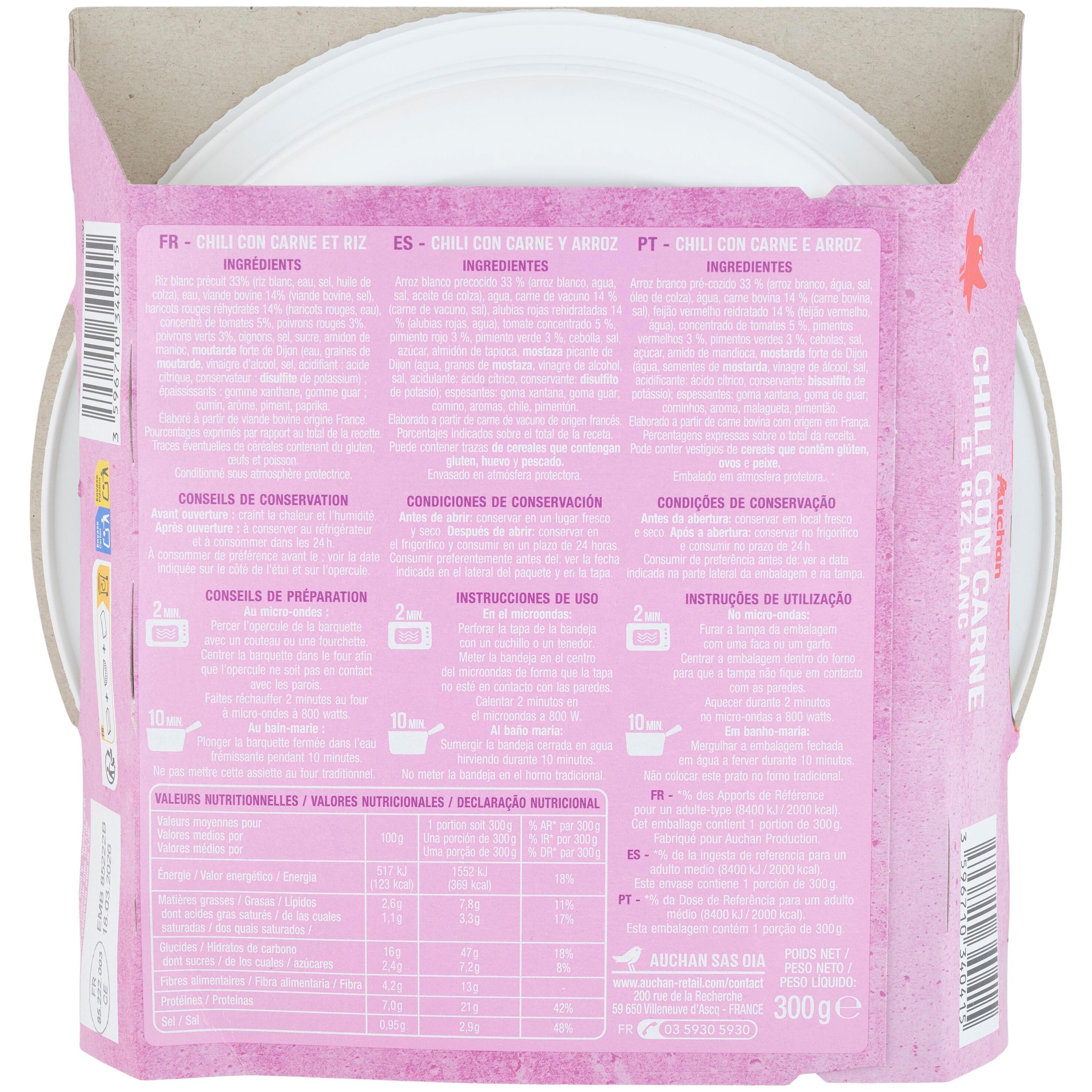 Voir la diapositive 2 : AUCHAN Chili con carne et son riz blanc en barquette 2min au micro-ondes 1 personne 300g