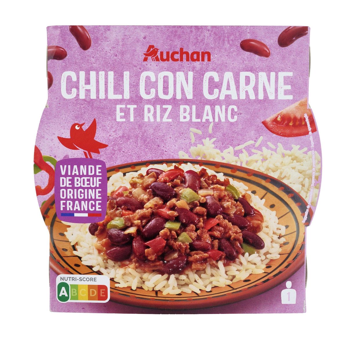 AUCHAN Chili con carne et son riz blanc en barquette 2min au micro-ondes 1 personne 300g